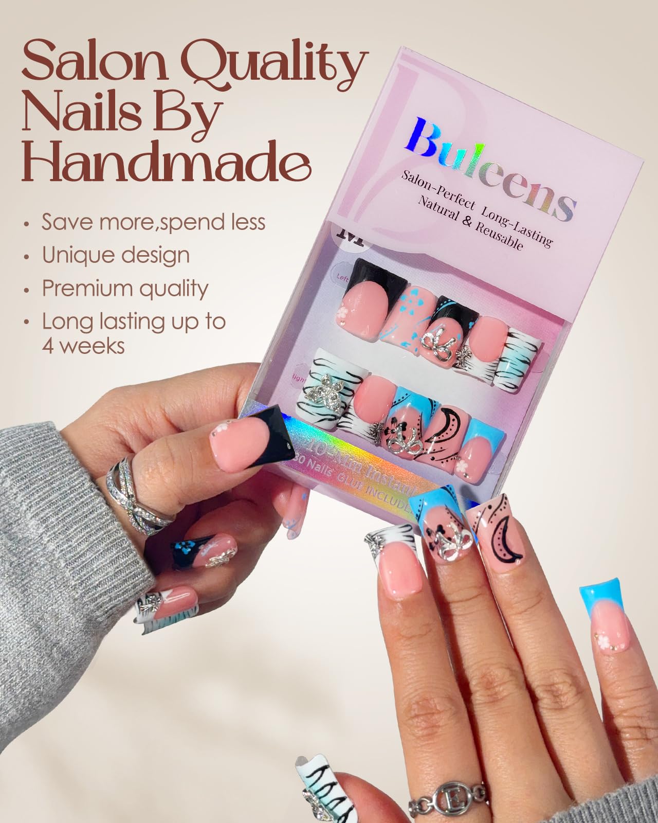 Buleens Handmade Press on Nails Acrylic Duck Nails-10pcs Short Chic Pink Bow Graffiti 3D Fake Nails Kits with Glue
