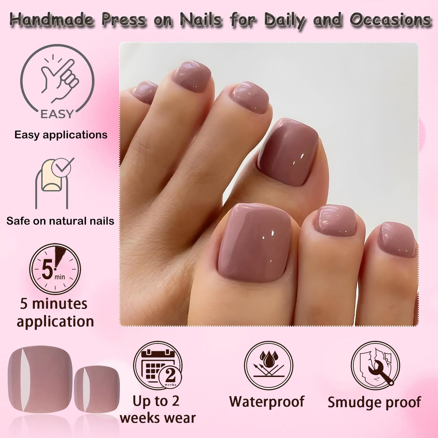 LoveOurHome 120pc Coffee Press on Toenails Women Fake Toe Nails with Tabs, Coffee Fake Toenails Press on Toes Nails Glue on Toenail Acrylic Toe Nail Tip Artificial False Toenail for Women Girl