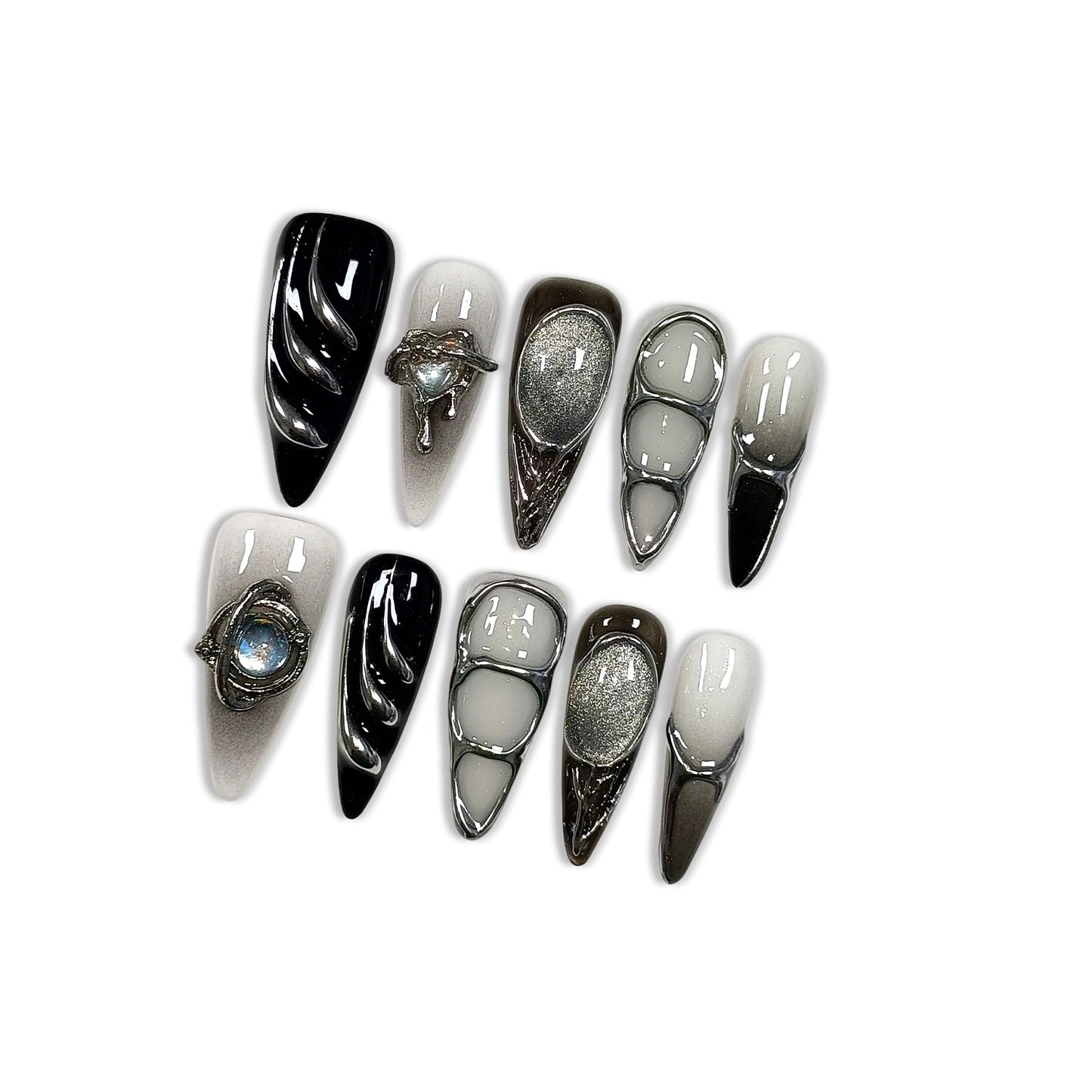 Hantyer Gothic Press on Nails with Tools Kit, 10pcs Long Stiletto Glossy Nails in Black & Metallic Silver, Hand-Painted 3D Art & Round Cat Eye Charms, Edgy Style for Concerts & Parties (Size M)