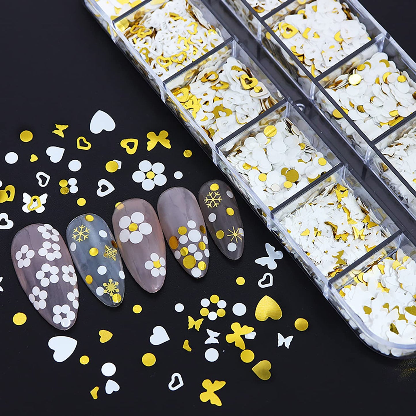 Gold Glitter Sequins, Holographic 3D Love Heart Butterfly Circle Glitter Flakes, Sparkly Gold White Nail Designs Set for DIY Shiny Nails Crafts