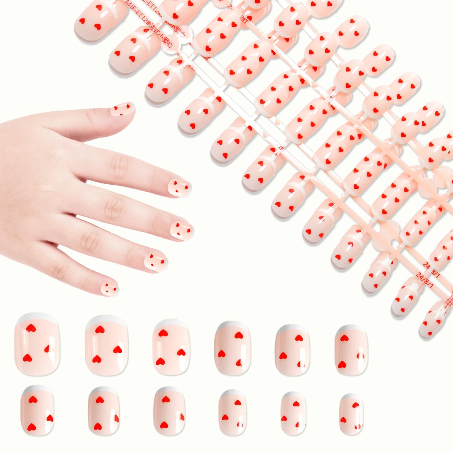 SIUSIO 120pcs 5 Pack Children Acrylic Fake Nails Press on Full Cover Short False Nail Art Kits Set Surprise Gift for Kids Little Girls Women - Red Tiny Hearts