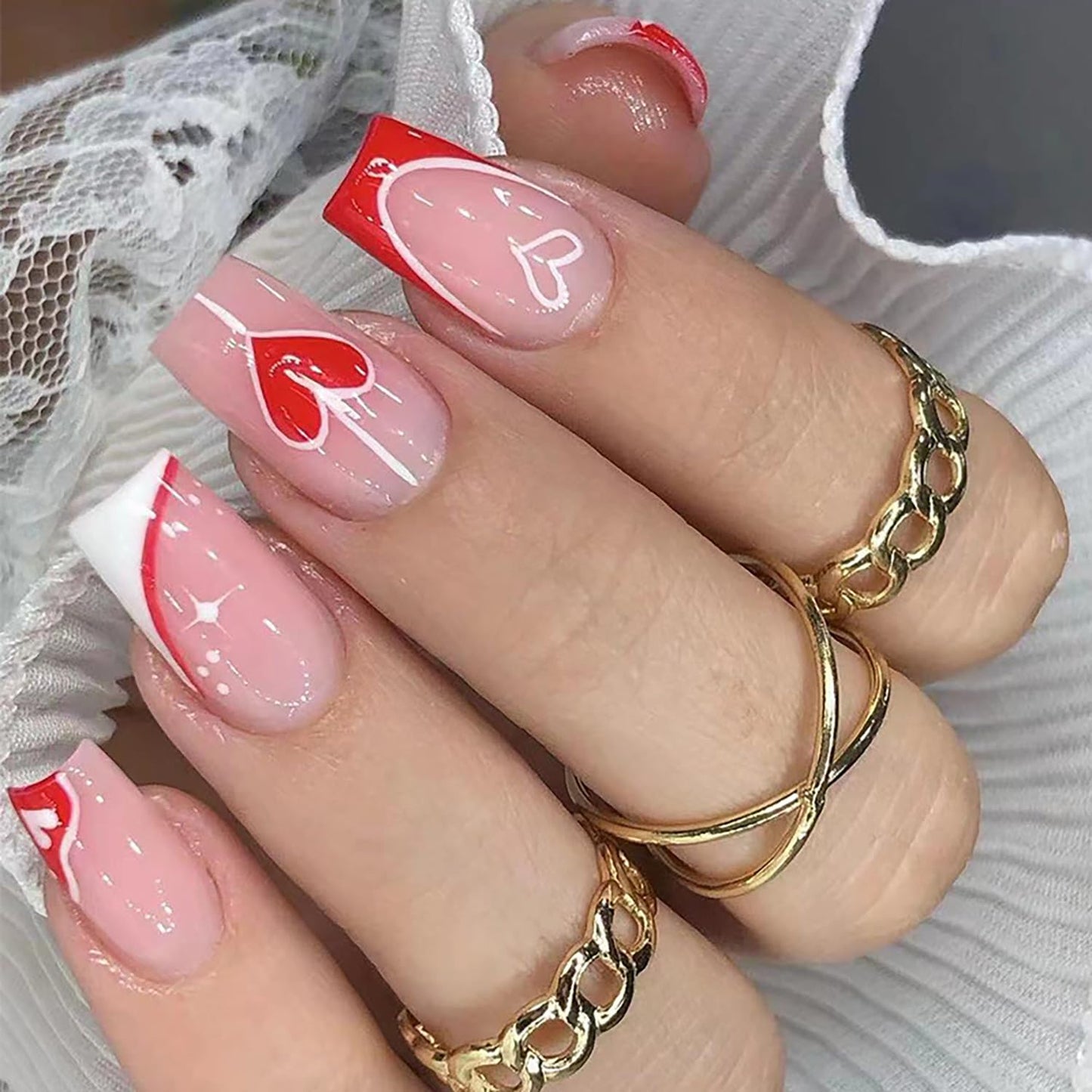 Vezocim French Tip Square Medium Press on Nails 24Pcs Glossy Full Cover Artificial Pink Fake Nails with Red Heart Designs Acrylic Coffin False Nails Glue Fingernails with Charm for Women Girls