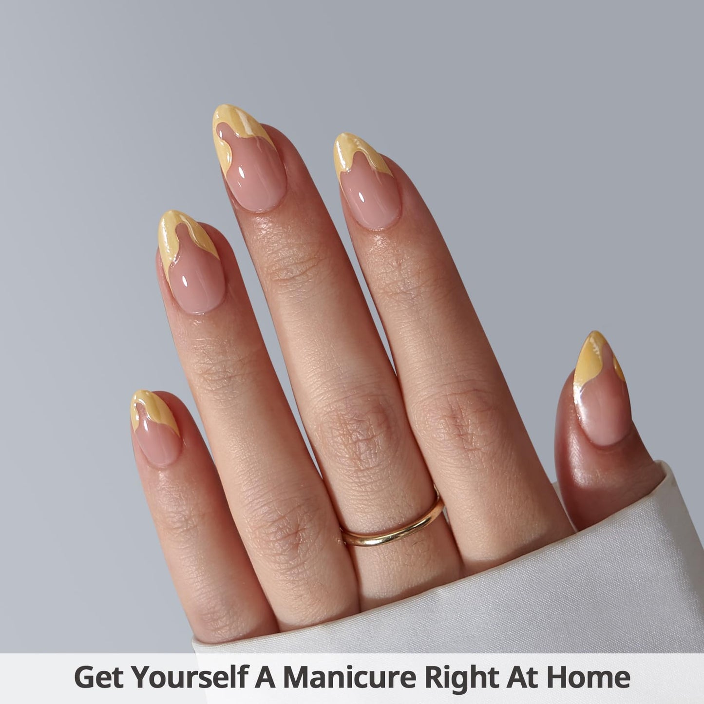 BTArtbox French Tip Press On Nails - Lamp-Curable Short Almond Press On Nails with Glue for Women, Semi-Transparent Soft Gel Glue On Nails in 16 Sizes - 32 Stick On Nails Kit, Lemon Fizz