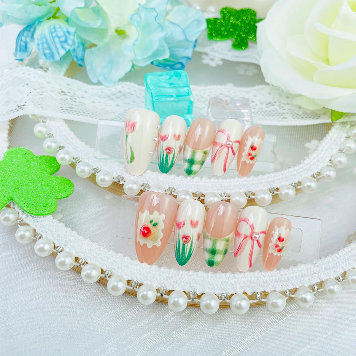 LRKNNO Cute Spring Press on Nails Almond Shape Medium Fake Nails with Small Flower Strawberry Bow Designs Green French Tip Glue on Nails Glossy Pink Acrylic Nails for Women Summer Manicure 30Pcs
