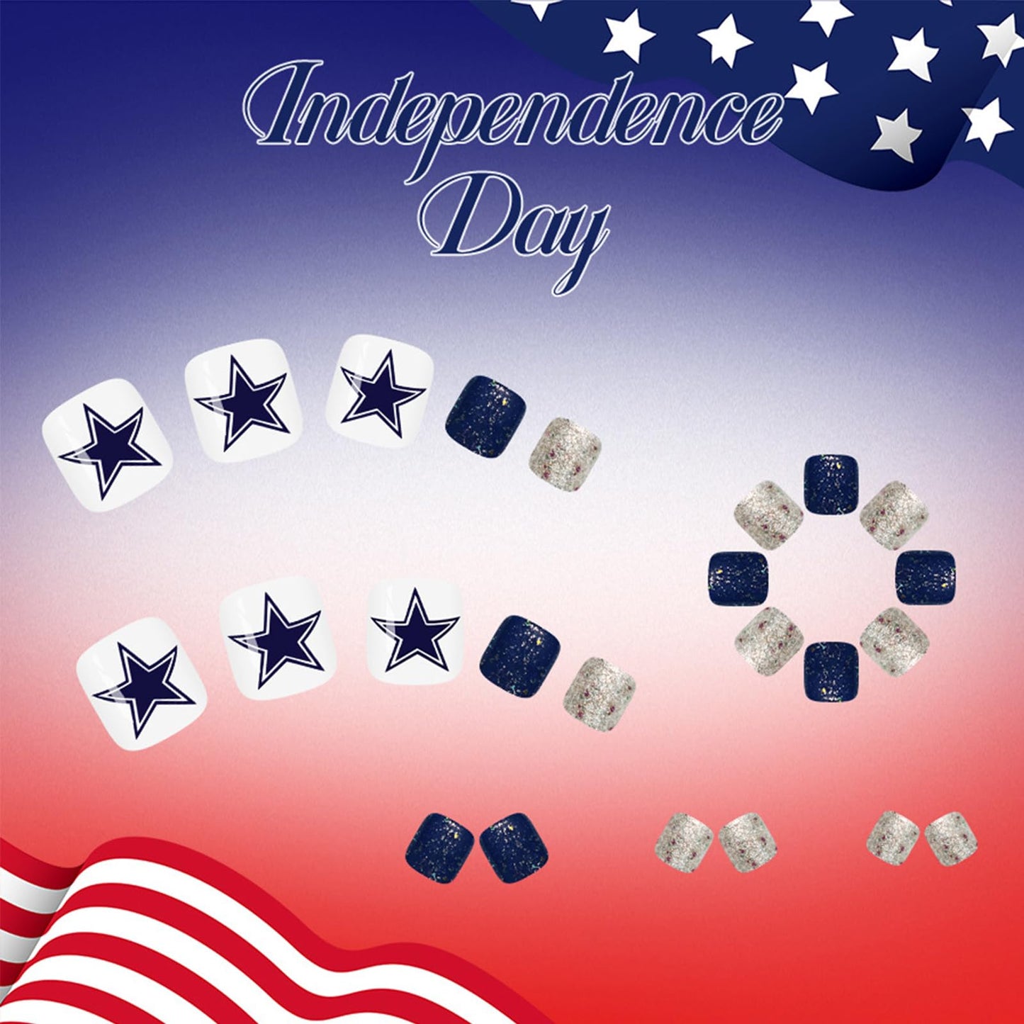 4th of July Press on Toenails Short Square Blue Star Fake Toe Nails Independence Day Glitter False Toenails Glossy White Toe Nail Press ons Acrylic Stick on Toes for Women 24Pcs