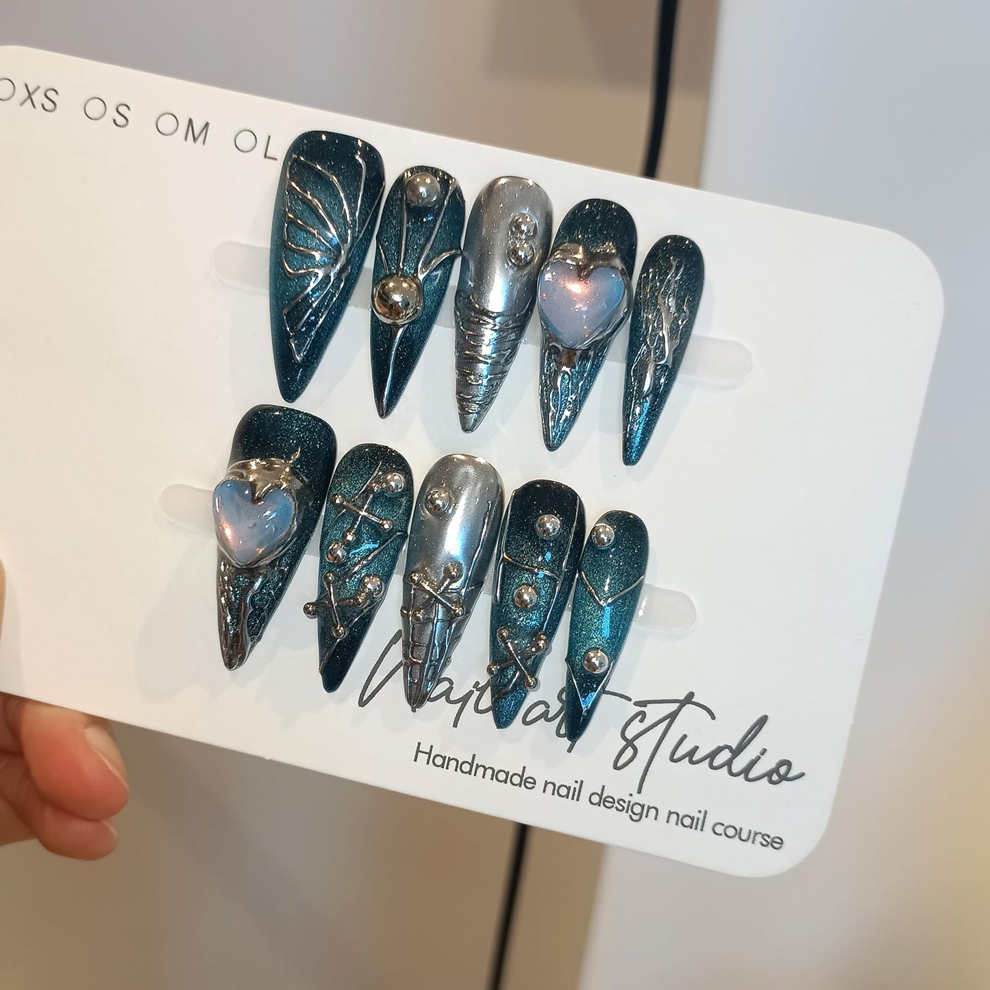 TENPAL Handmade Press on Nails Long Stiletto,Galaxy Ombre Blue-Black Fake Nails with 3D Butterflies Cross Beads Gem Stones,Edgy Y2K Metal Embossed Meteor Glitter Design Salon False Nail Kit 10pcs(XS)