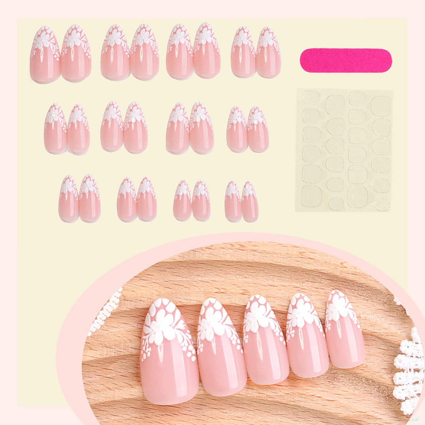 Short Almond Press on Nails With Flower French Tip Oval Nude Pink Fake Nails Press ons Acrylic Nails False Nails Full Cover Artificial Stick on Nails for Women Girls 24 Pcs