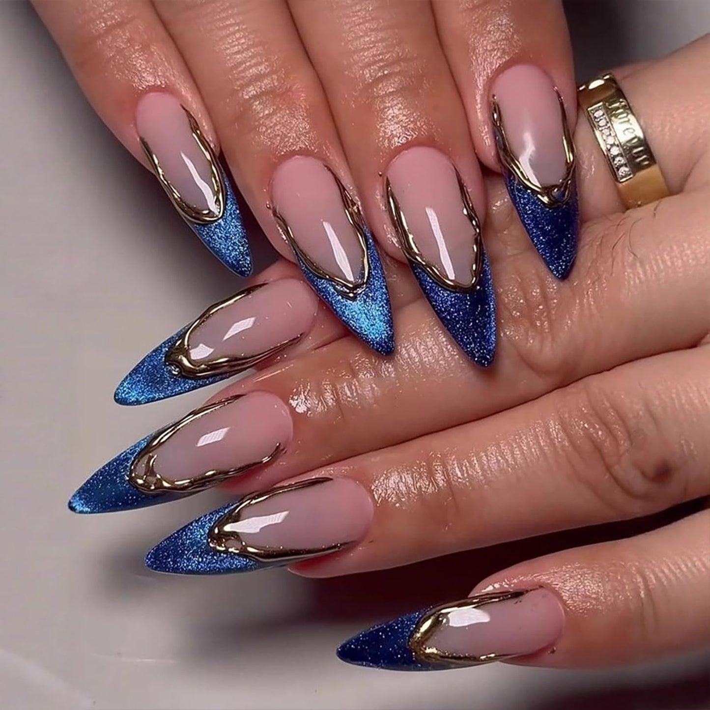 Medium Almond Press on Nails With Cat Eye French Tip Fake Nails Press ons Acrylic Nails False Artificial Full Cover Stick on Nails for Women Girls 24 Pcs