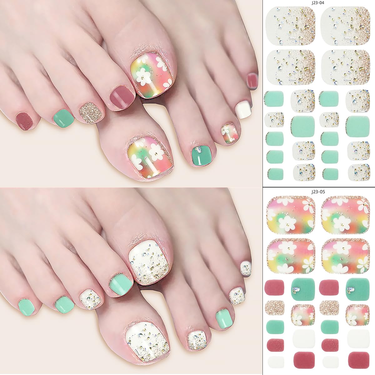 8 Sheets Toe Nail Wraps French Toenail Nail Polish Strips Decals Colorful Sparkly Full Toe Nail Wraps Toenails Nail Stickers Glitter Toe Nail Stickers Self Adhesive Design for Women Girl DIY Manicure