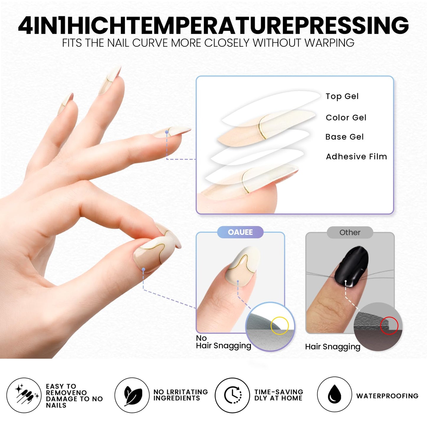 Oauee Semi Cured Gel Nail Strips | Built-In Gel Top Coat | UV Light Required | Salon Quality, Easy Application And Removal (Ivory Wave With Gold)