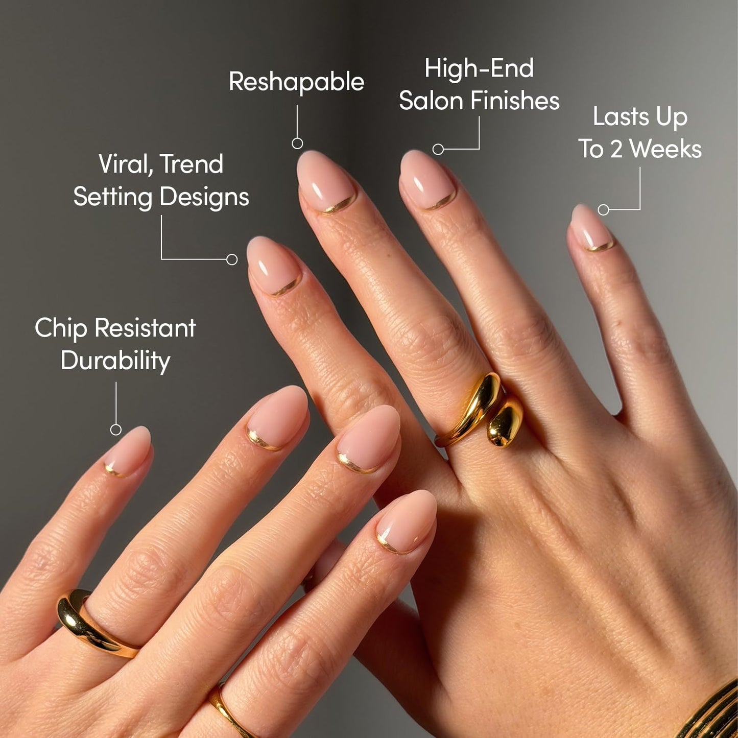 Glamnetic Press On Nails - Glam Goals | Short Oval Neutral Fake Nails with Gold Reverse French Tip, Salon Quality Nude Nails | 15 Sizes - 30 Nail Kit with Glue