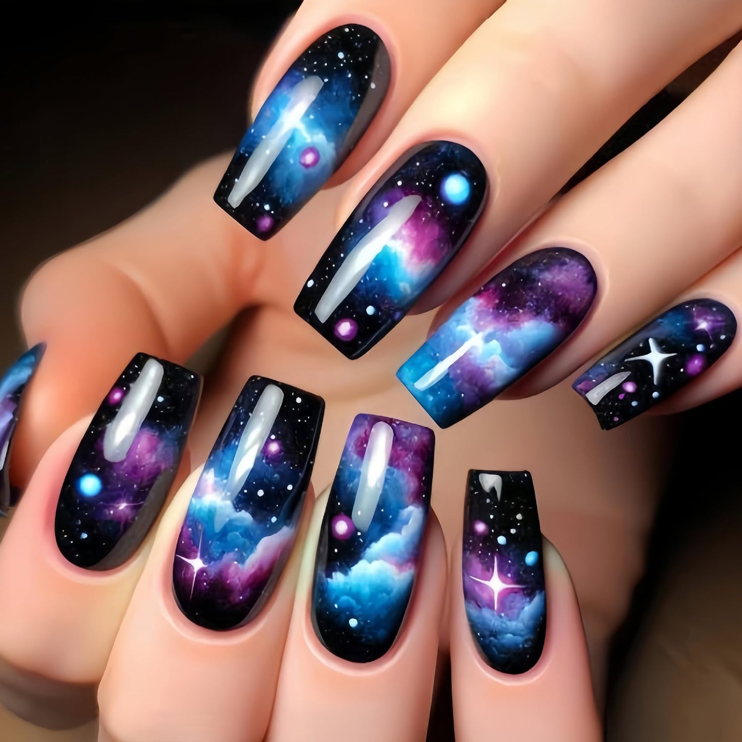 LOPMNGHT 24Pcs Press on Nails Medium Length Starry Sky Smudge False Nails Black Gradient Acrylic Nails Full Cover Stick on Nails Artificial Nails Reusable Glossy Glue on Nails for Women