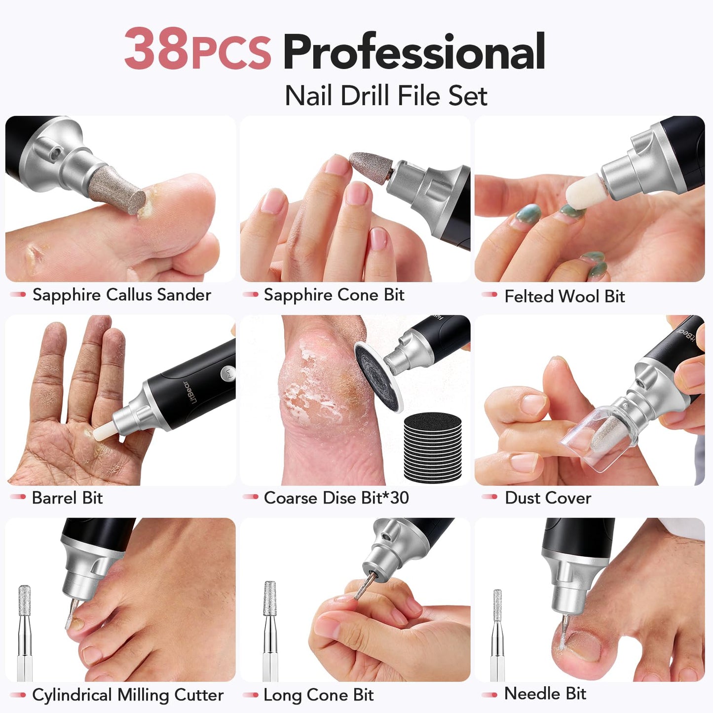 Litbear Electric Nail Drill File for Hand Feet Care, 15 Speed Professional Nail Grinder for Thick Toenails, Cordless Pedicure Manicure Set for Women Men Senior, Home Salon Use (Black)