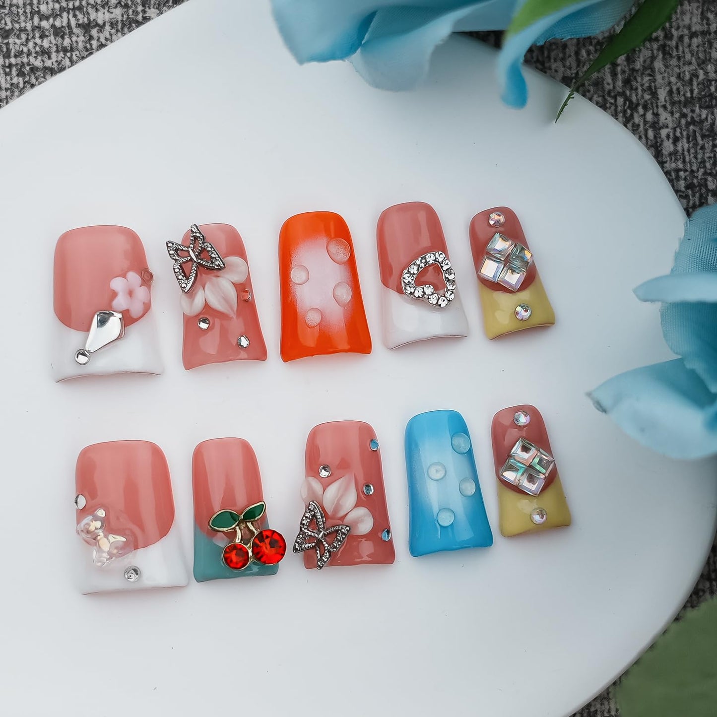 Tesytto Handmade Press on Nails Short Duck - 3D Floral Metallic Butterflies False Nails Luxury Rhinestone Cherry Petal Flower Design, Reusable Thick Acrylic Full Cover(Spring Bloom Pop,M)