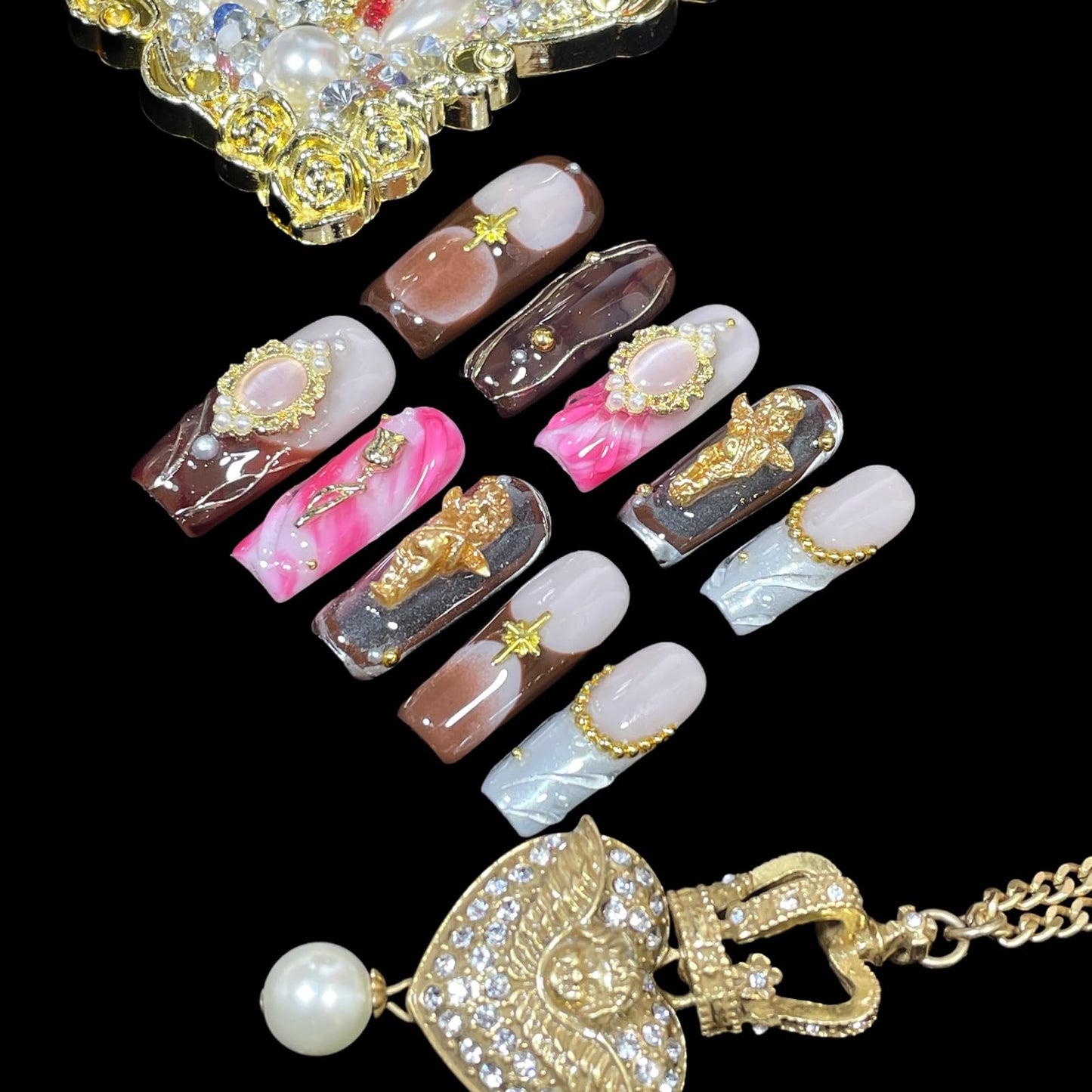 Handmade Press On Nails Vintage Style Gold Angel & Flower Design with Amber Print, Medium/Long Square Shape Acrylic False Nails, Reusable Luxury Retro Nail Art (Cherub, M)