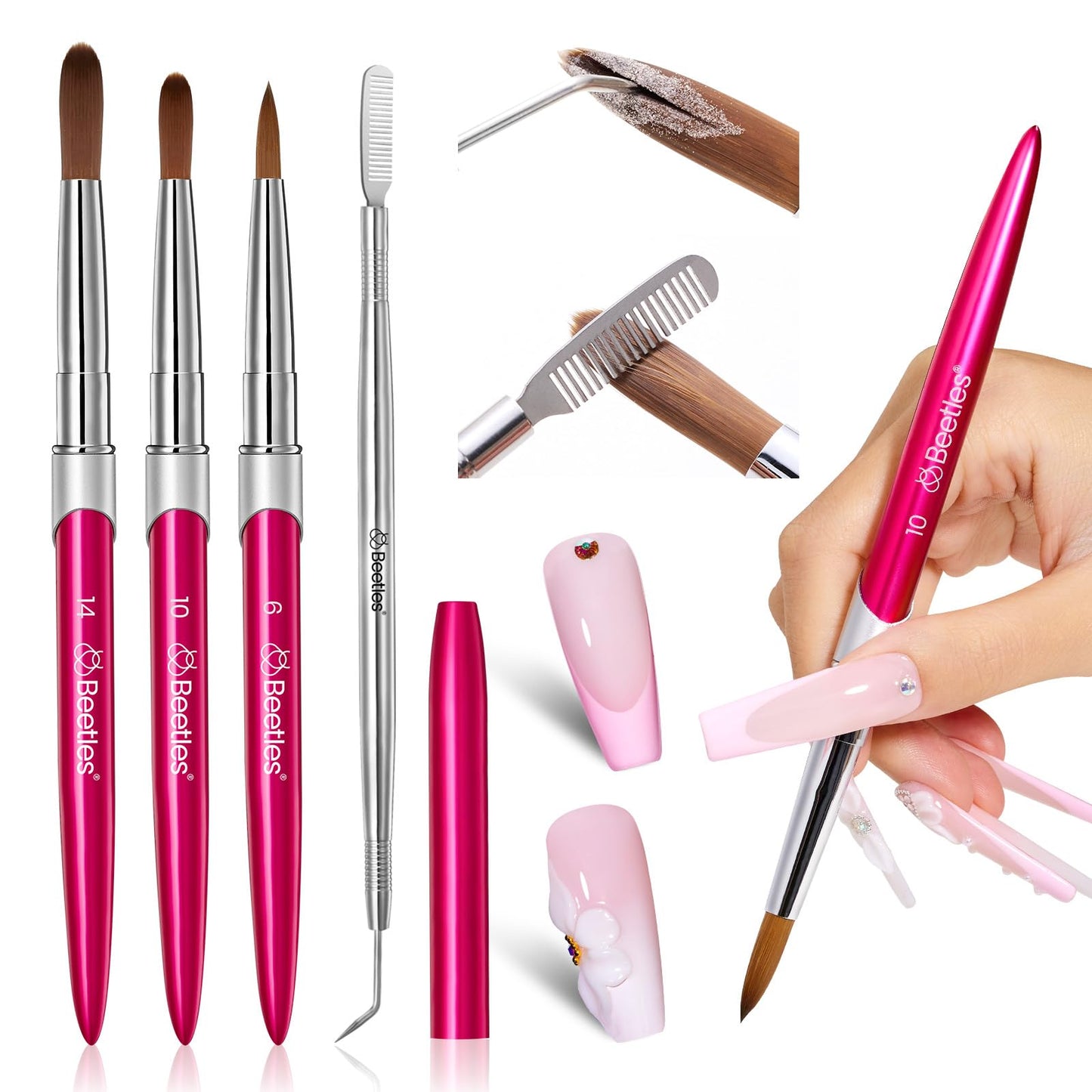 Beetles Acrylic Nail Brush - 3pcs Size 6/10/14 Kolinsky Acrylic Nail Brushes with Cleaner Tool for Acrylics Powder, Nails Extension, 3D Carving Nails Art Tools Home DIY Salon Manicure Design Tool