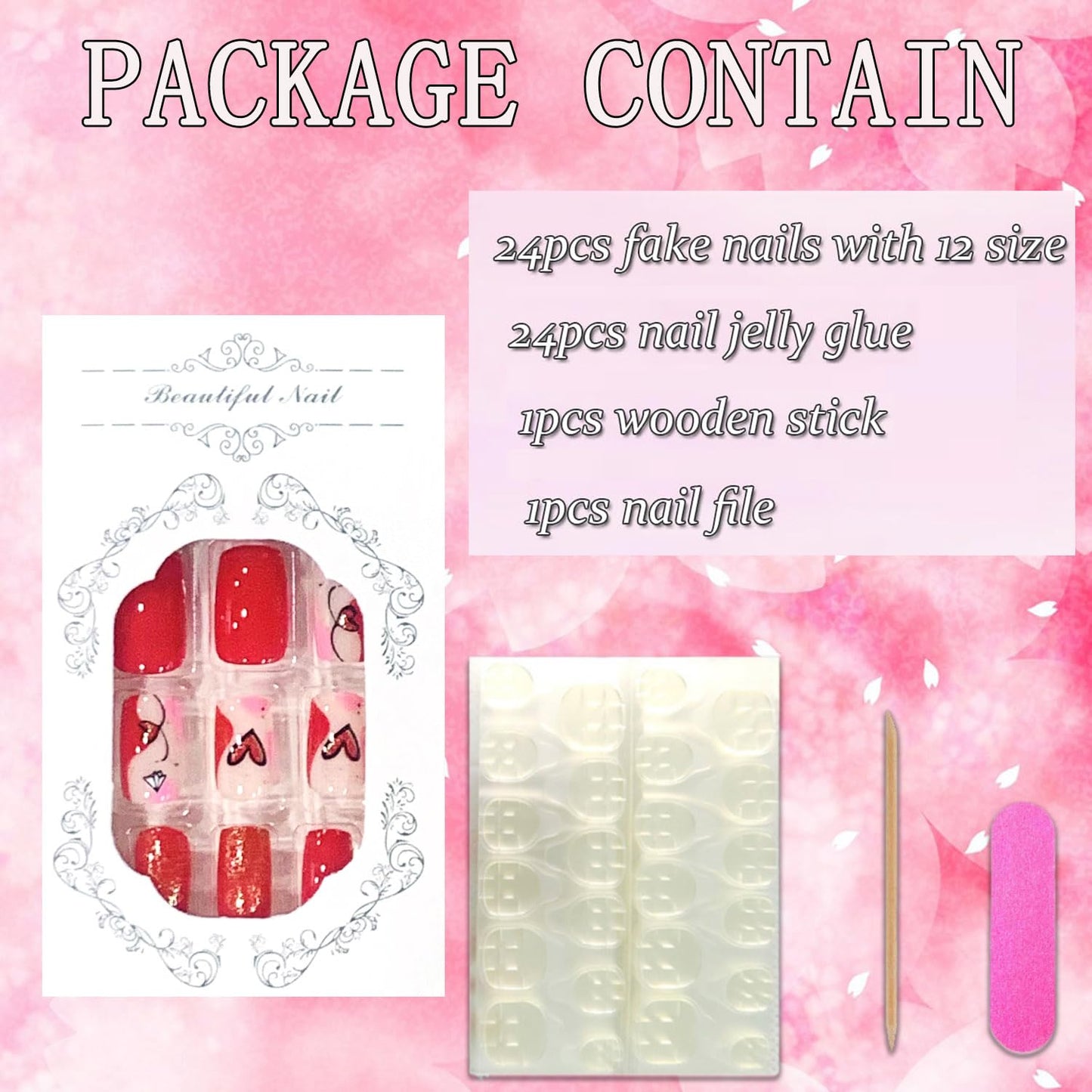 FIEONCIY Medium Square Glossy Full Cover Acrylic False Nails with Heart Designs Artificial Square Fake Nails Glue ons Fingernails for Women Girls (A80103)