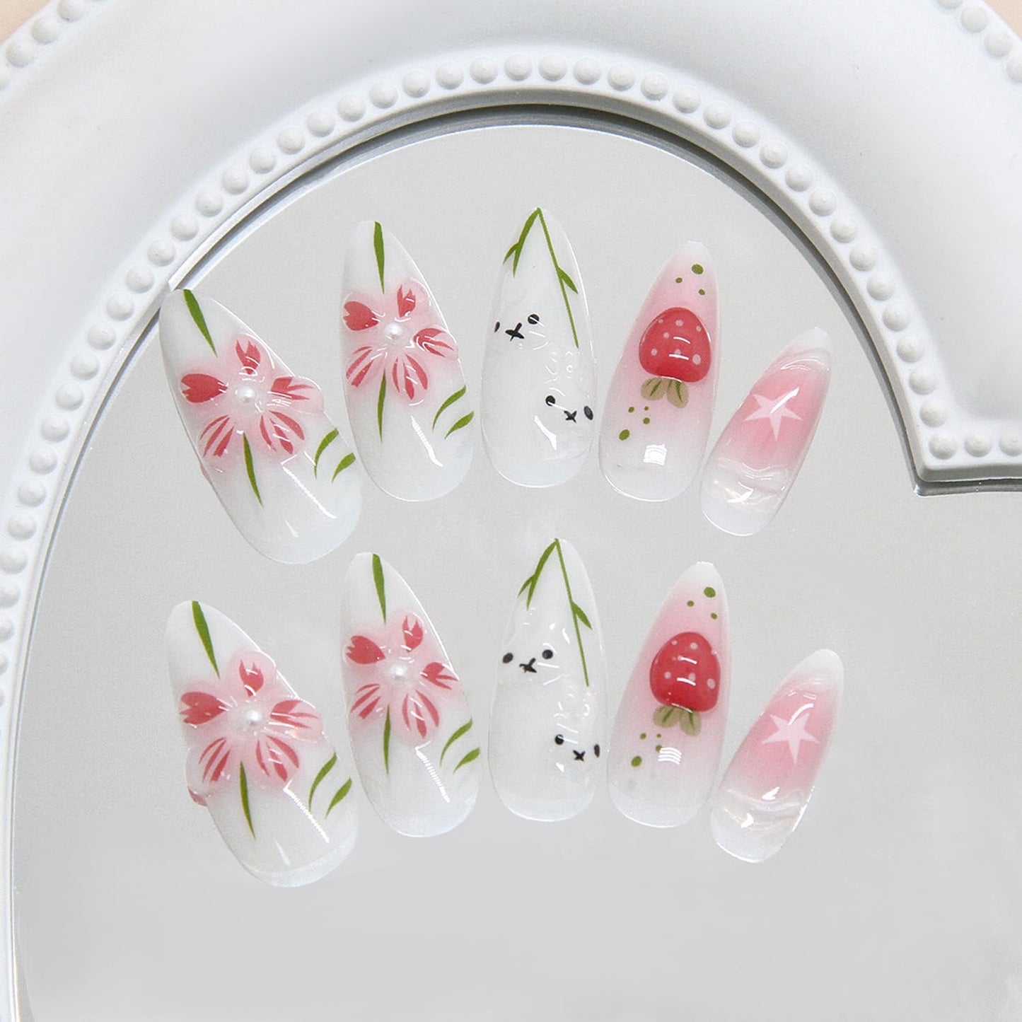 BSBTBZ Cute Rabbit 24pcs Medium Length Almond Shape Pink Flower Press On Nails with Pearls & Charms, Glossy Finish, Acrylic ABS Material, Full Cover Nail Tips, DIY Manicure, False Nails for Women