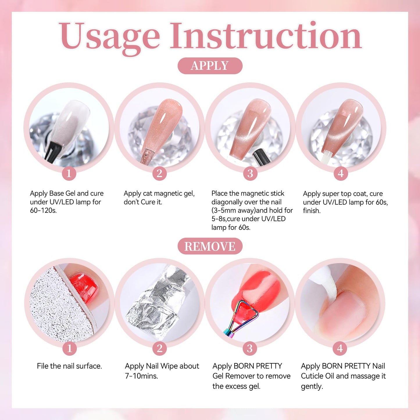 Born Pretty Cat Magnetic Eye Gel Nail Polish Set,6 Color Nude Pink Silver Shimmer Glitter Holographic Magnetic Soak Off U V Gel Polish DIY Art for Girls Women 7ML