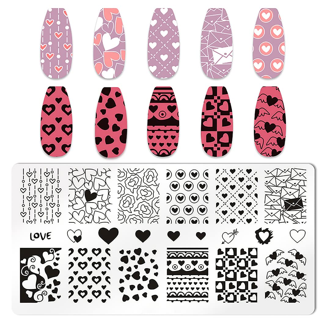 JERCLITY 6pcs Valentine's Day Love Heart Nail Stamping Plate Nail Stamping Kit for Nails Love Heart Image Plates Nail Art Design Nail Stamper Kit for Women