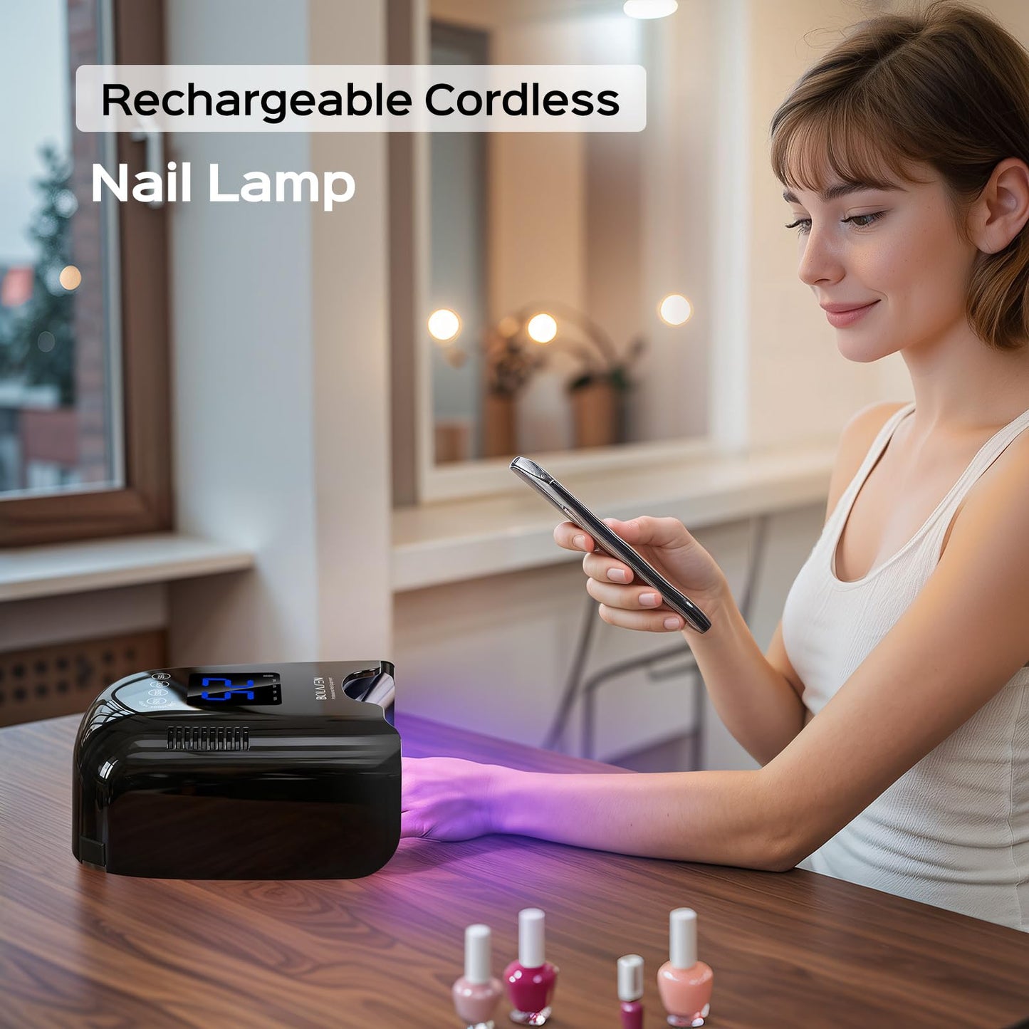 BOLASEN Cordless Rechargeable UV Nail Lamp - UV Light for Gel Nails with Metallic Reflector & Metal Base, 54W Portable Wireless LED Nail Dryer, Professional Fast Charger Curing Lamp for Salon, Black