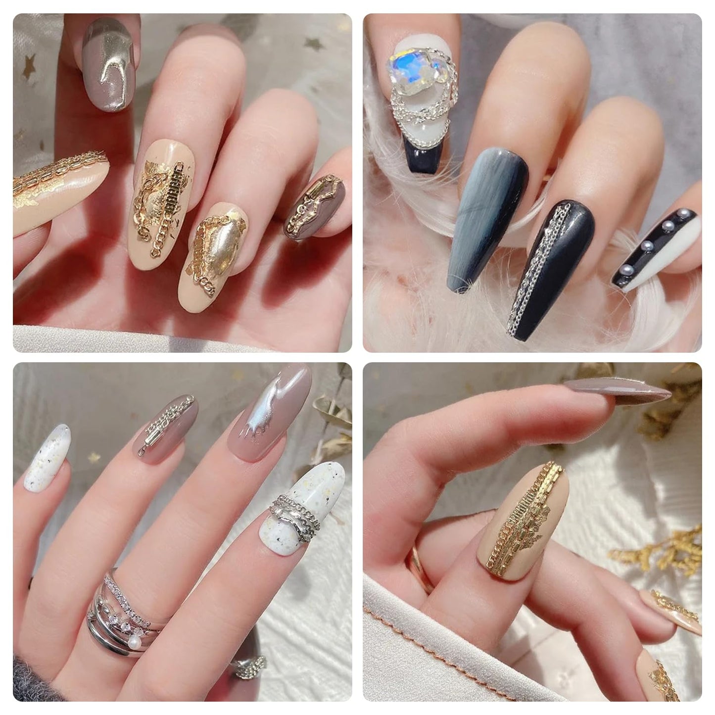 JERCLITY 4 Packs of 24 Strips Nail Chains for Nail Art Gold Silver Alloy Metal Nail Art Chains Gold Nail Charms Punk Nail Studs Jewelry Accessories for Women Nail Art