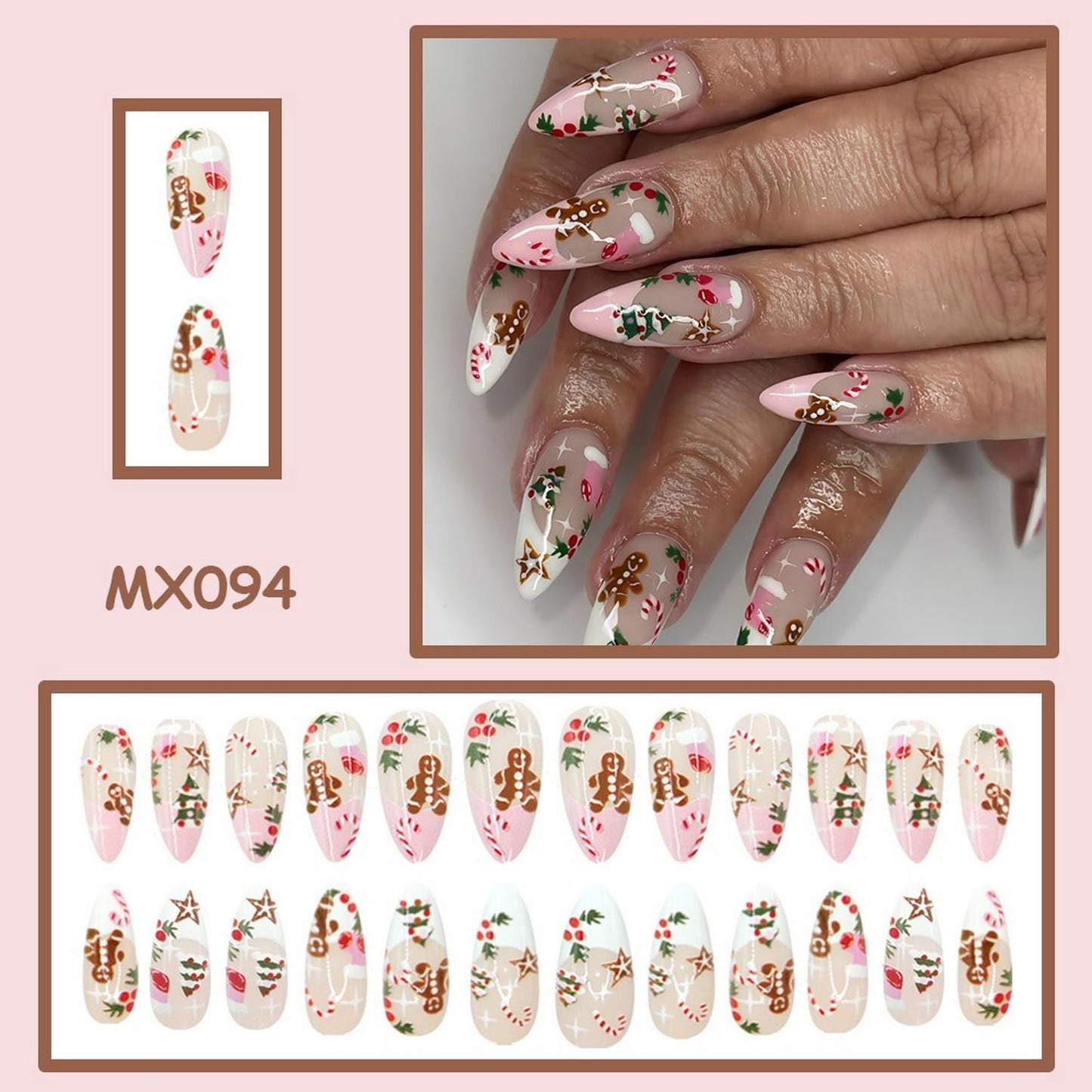 Christmas Press on Nails Medium Almond Fake Nails Glitter with Cute Gingerbread Man, Crutch, Christmas Tree, False Nails Design Full Cover French Acrylic Nail for Women DIY Manicure Decoration 24 Pcs