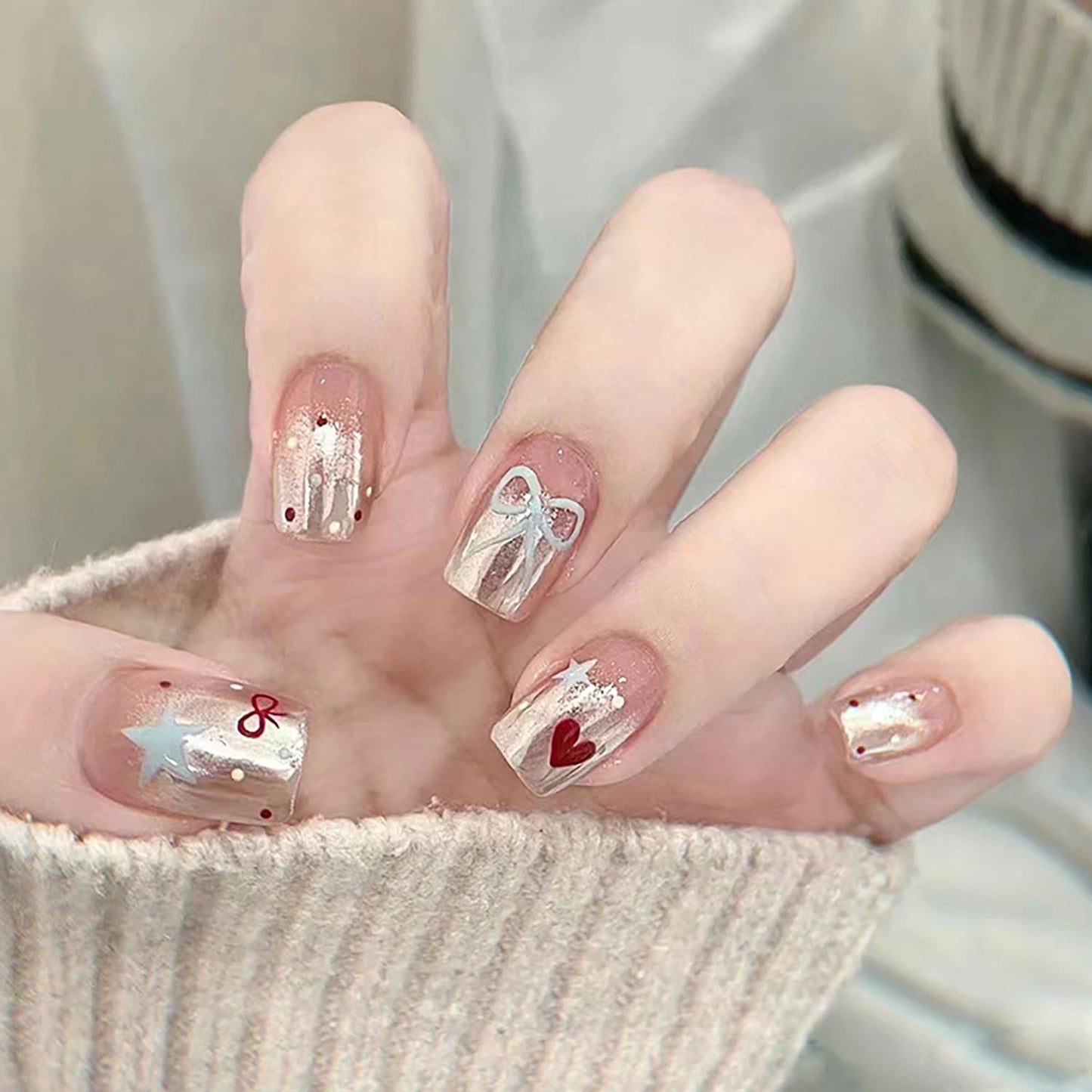FIEONCIY Press on Nails Short Square Shaped Glossy Full Cover Acrylic Extra Short Square False Nails with Love Heart Designs Artificial Fake Nails Glue Stick ons Fingernails for Women Girls(R853)