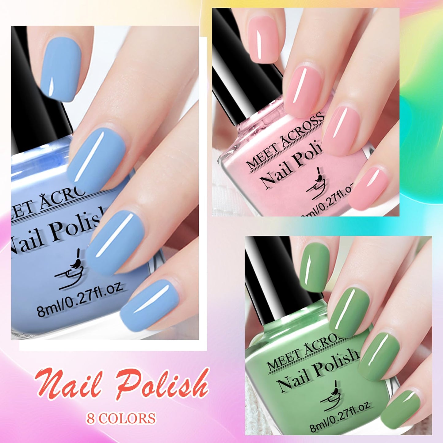 MEET ACROSS 8 Bright Colors Nail Polish Set, Macaron Purple Pink Red Blue White Quick Dry Finger Manicure Kit Sheer Neutral Nude Pink Green DIY Nail Art Home Salon Gifts for Women Girls