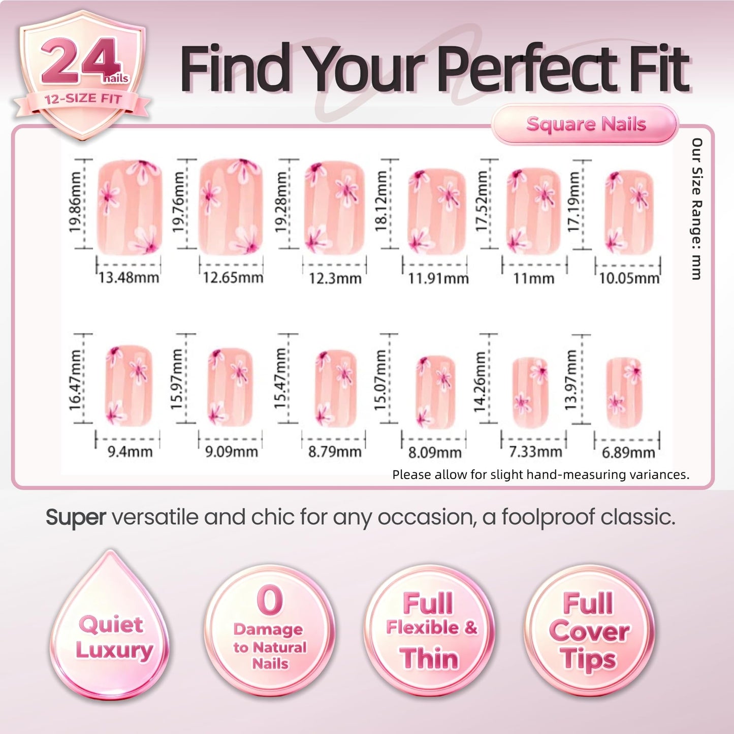 Pink Floral Press On Nails Short Square, Glossy Nude Pink False Nails with Small Daisy Design, Cute Spring Summer Fake Nails for Women, Full Cover Acrylic Nails Set, 24PCS