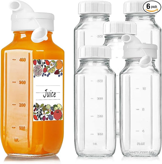 6 Pack 16 Oz Glass Juice Bottles with 2 Pour Spouts, 100% Airtight Heavy Duty SCREW Lid- Reusable Glass Milk Bottles w Scale Mark, Square Drinking Jar Juice Container Breast Milk Pitcher(Extra 2 Lid)