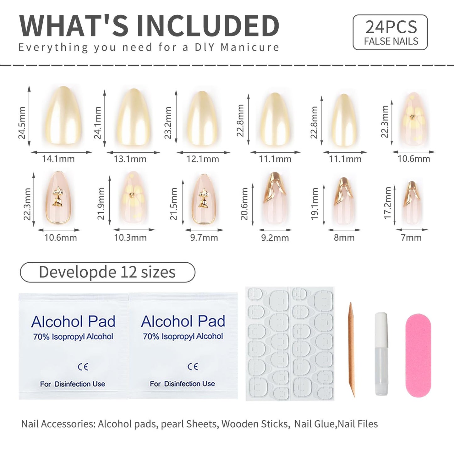 Yellow Flower Press On Nails with Gold 3D Design, Glossy Almond Fake Nails with Metallic Line Art, Elegant Reusable Stick On Nails for Women and Girls, 24PCS Full Cover False Nail Set
