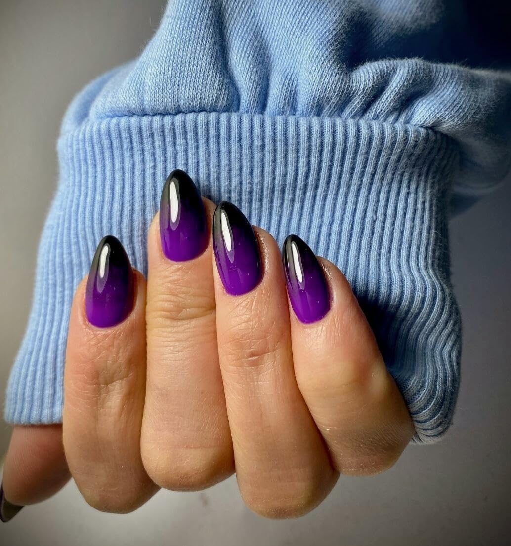 KQueenest French Press on Nails Short Almond - 30 Pcs Ombre Fake Nails Press on, Dark Purple Black Acrylic Nails Glue on, Reusable Salon Quality Stick on Nails for Women Goth Punk Decoration
