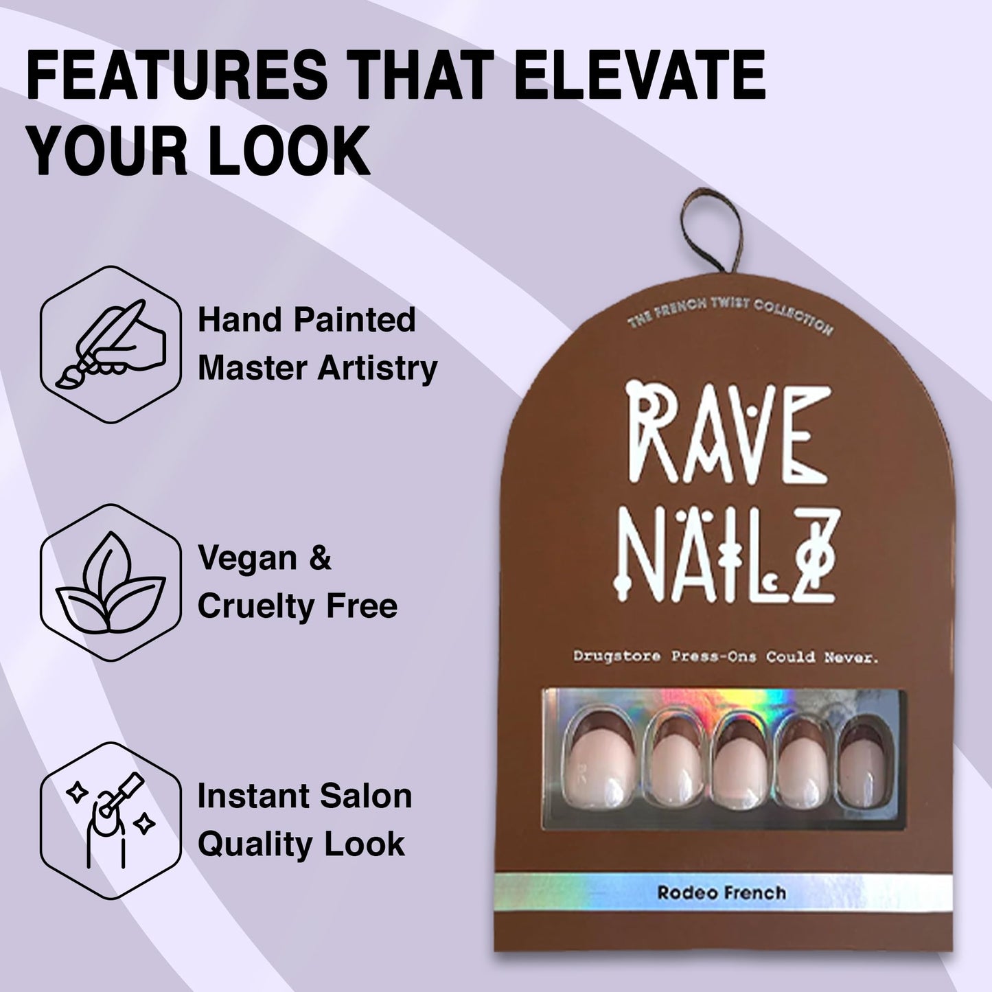 Rave Nailz Rodeo French Tip Press On Nails (24 Count) | Natural Base 3D False Oval Press On Nails Short with Brown Tip | Chip-Resistant Fake Nails with Glue, Includes File, Long-Lasting 2+ Weeks