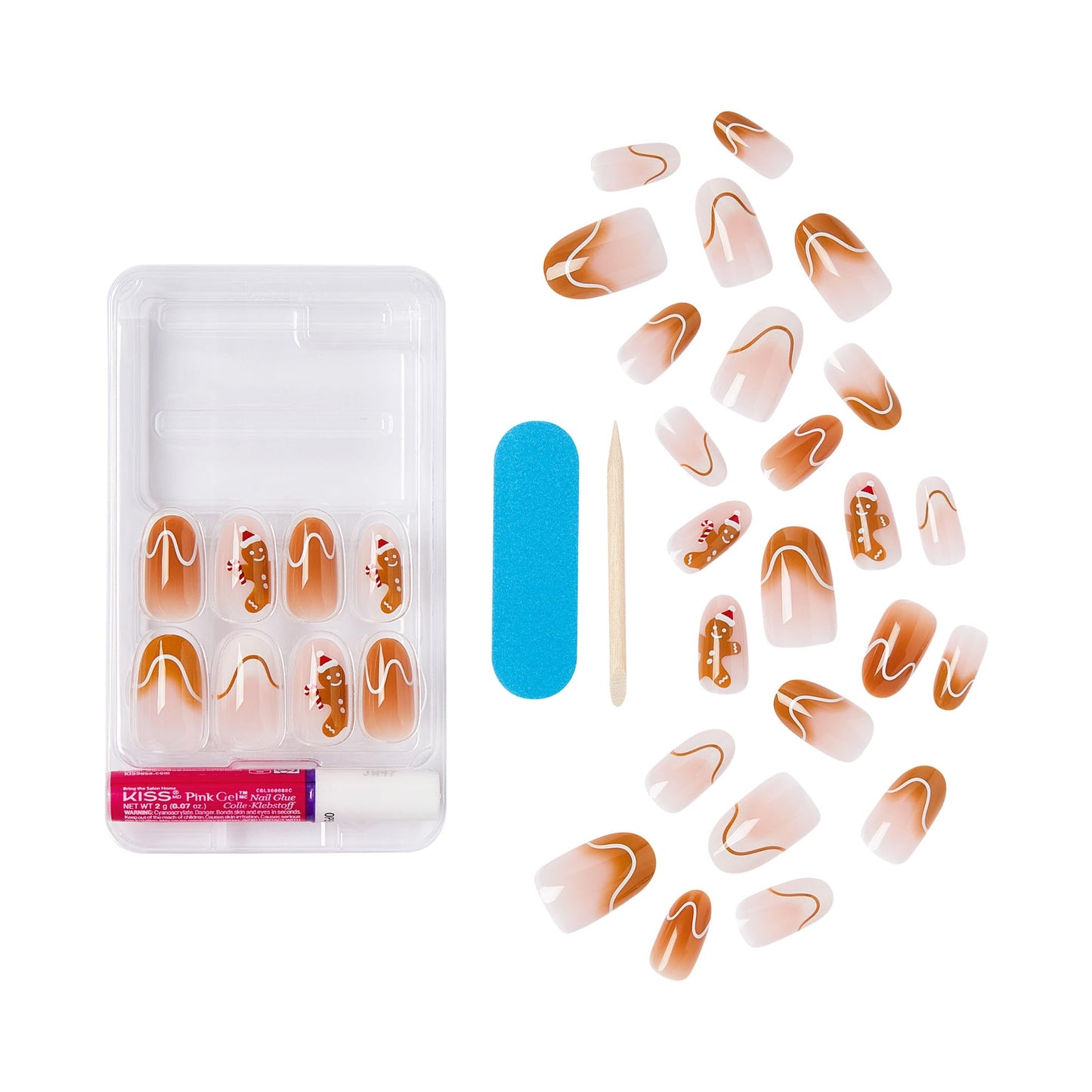 KISS Voguish Fantasy Holiday Press On Nails, ‘Holly Nights’, Brown, Medium Oval, No Damage To Natural Nails, Pink Gel Nail Glue (2g), Mini Nail File, Manicure Stick, & 28 Fake Nails