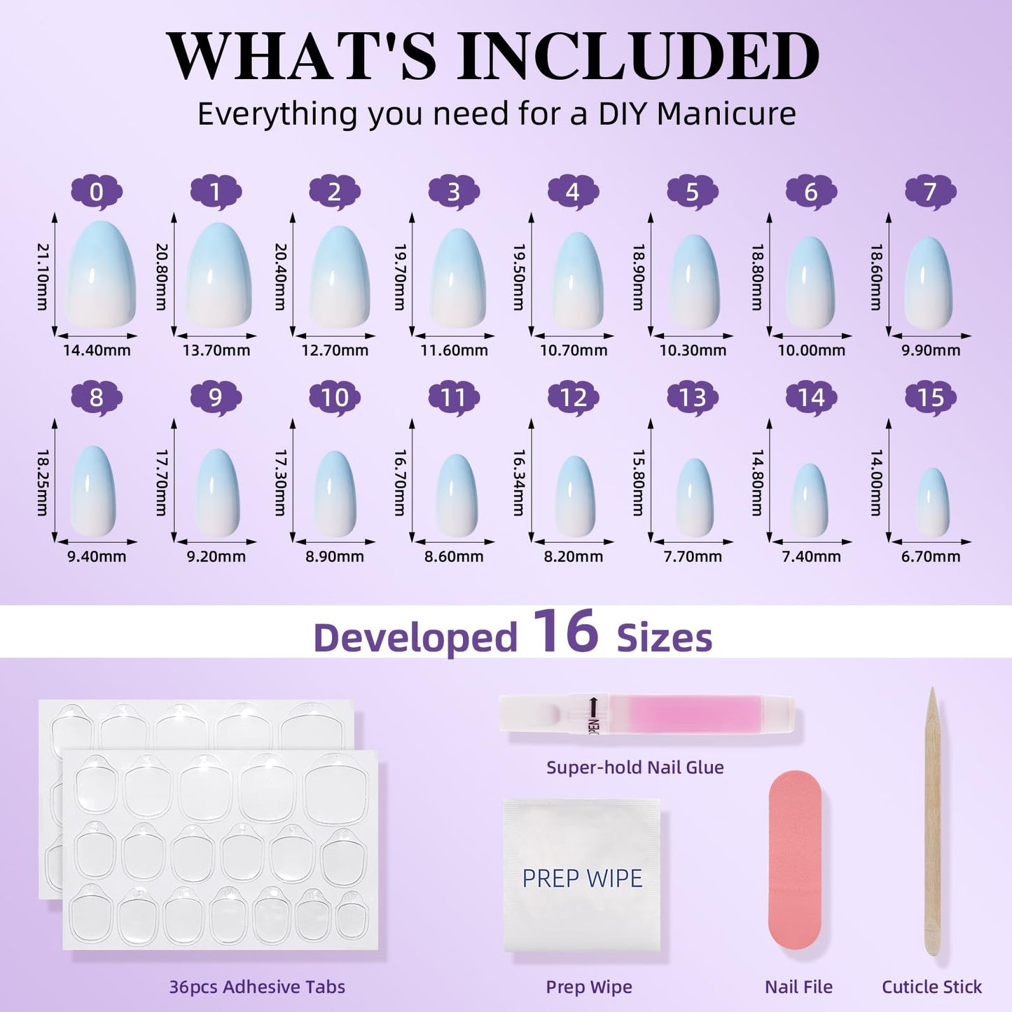 Ombre Press On Nails Short - Blue Almond Ombre French Tip Press On Nails, Reusable Fake Nails Kit with Glue, 32 Nails in 16 Sizes | Salon Quality