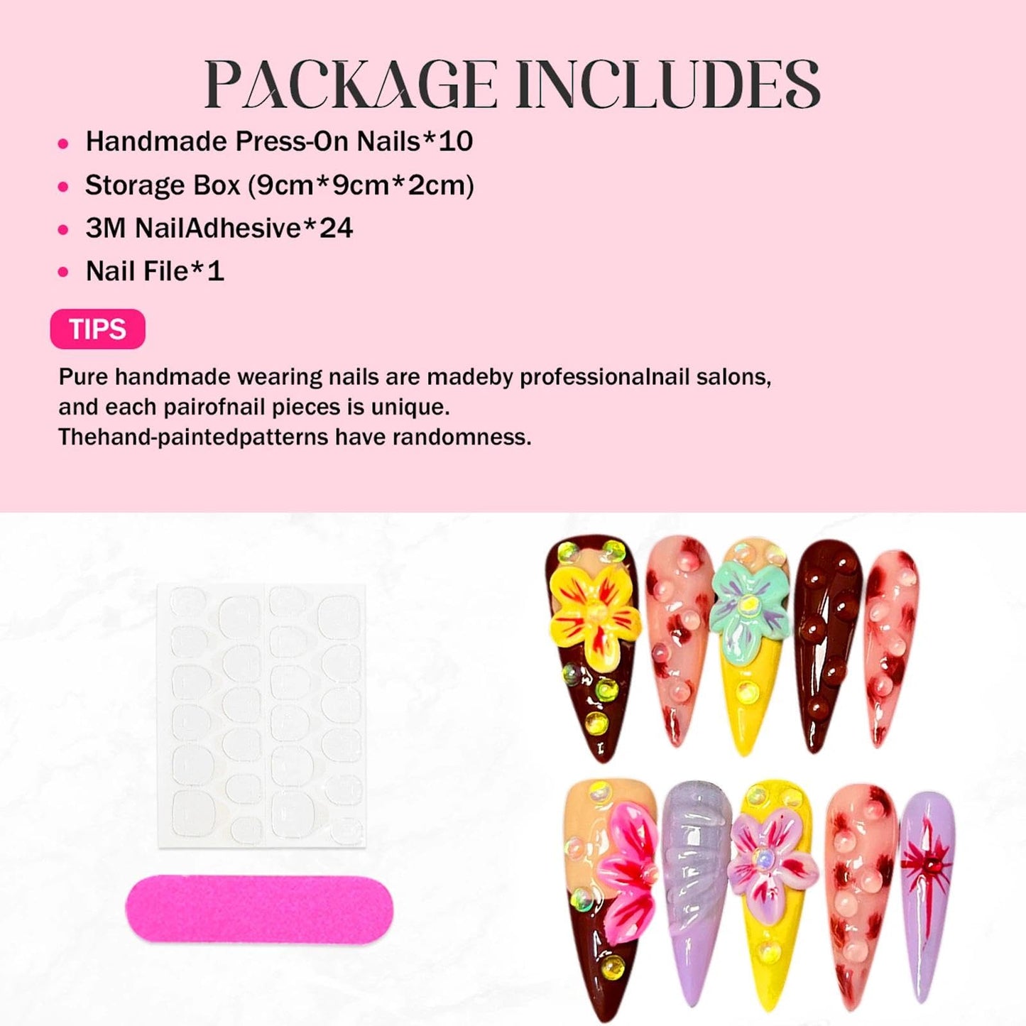 Handmade 3D Sweet Retro Floral Stiletto Press On Nails, Colorful Rhinestone Artisan Nails Set, Reusable Glossy Press-ons with Tool Kit (XS)