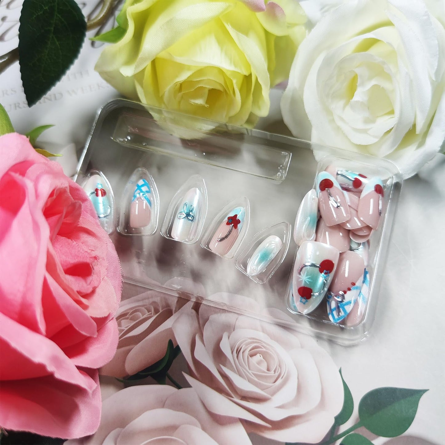 3D Bow Tie Press on Nails Cherry Gel Glue on Nail Red Stars Acrylic Fake Nail Glossy Blue Glitter French Tips Stick on Fingernails Valentines Almond Medium False Nails 30Pcs for Women Valentine's Gift