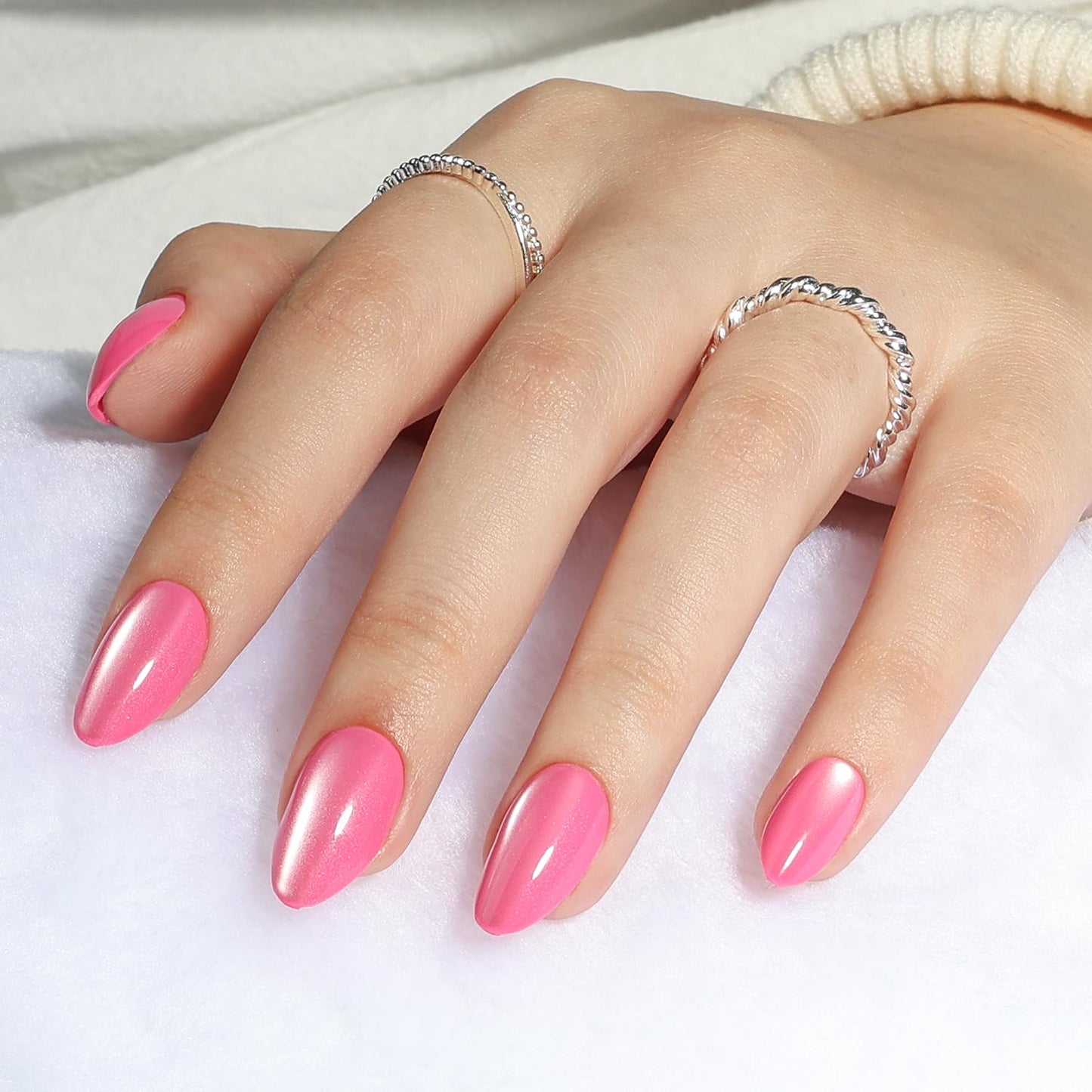 Leefrei Cat Eye Press On Nails - Glazed Candy Pink Press On Nails Short Almond Nails Press Ons for Women Fake Nails with Glue, Glossy Reusable Glue on Nail in 16 Sizes - 32pcs, Pink Stardust