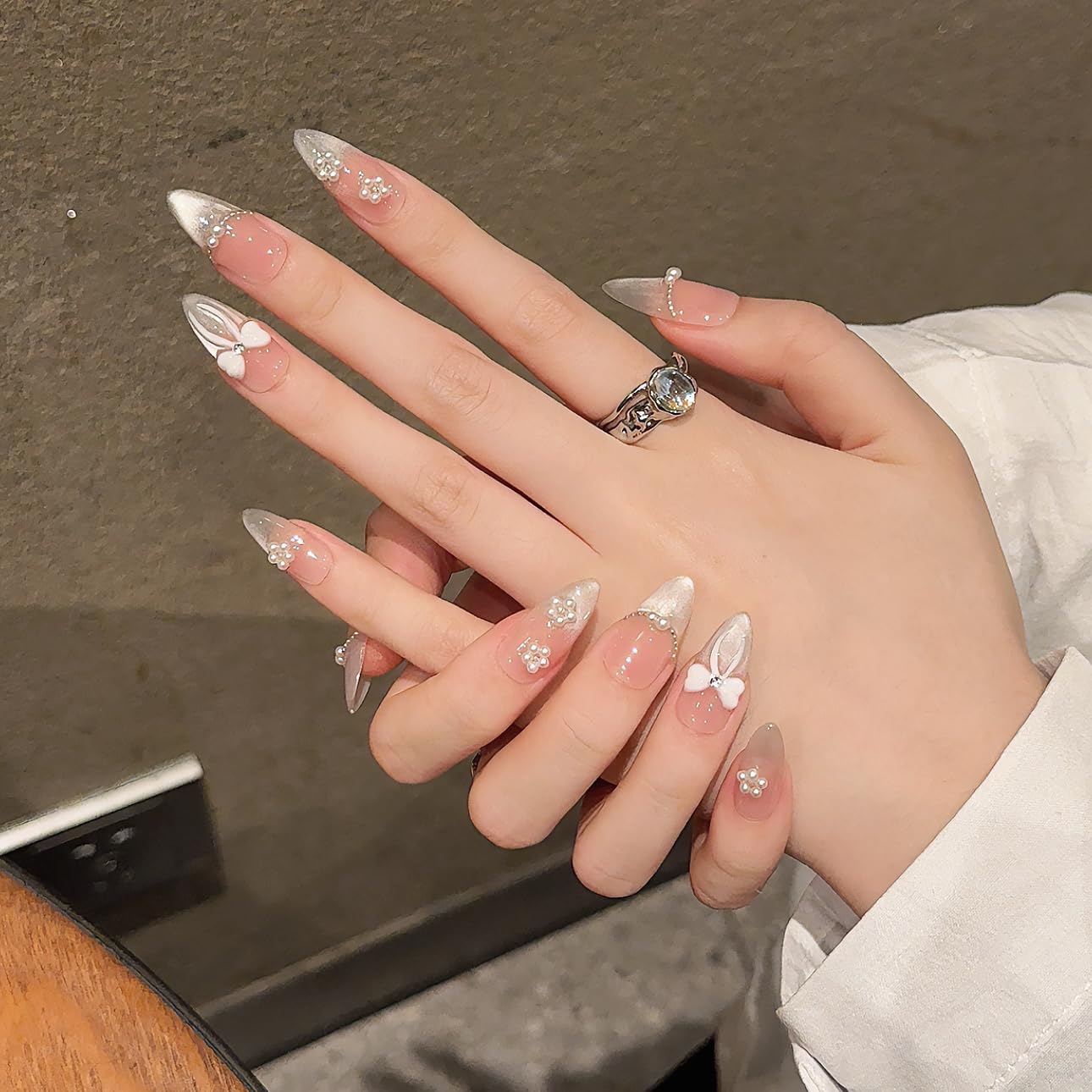 Handmade Press On Nails-3D Almond Cute Bow Cream White And Nude Colors,Wedding Prom And Festival Gift,Thick Acrylic and Muti-Layer Gel Reusable False Nails (L)