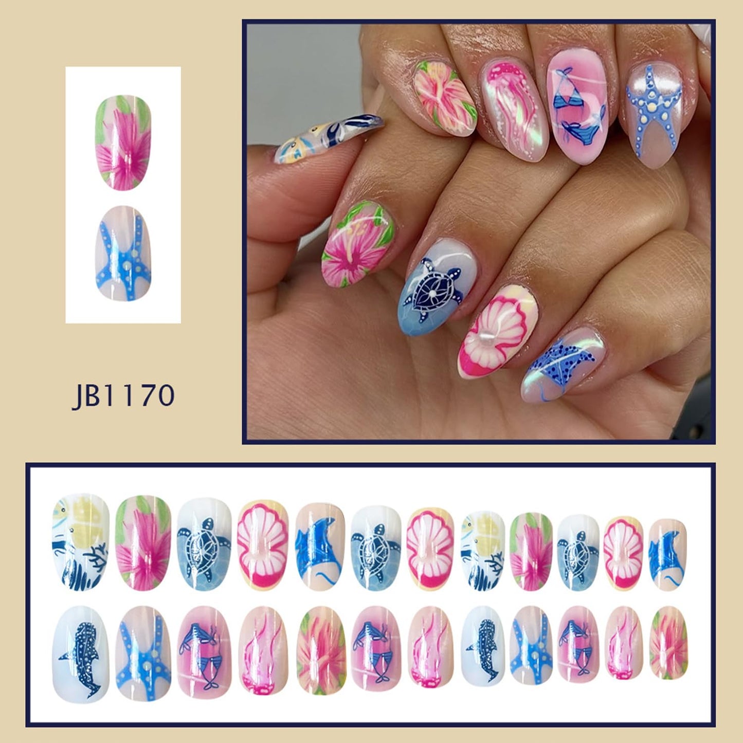 Summer Ocean Press on Nails Flowers Medium Almond False Nails with Starfish Sea Turtle Design Full Cover Glue on Nail Marine Animals Reusable Acrylic Fake Nails Artificial Stick on Nail for Women