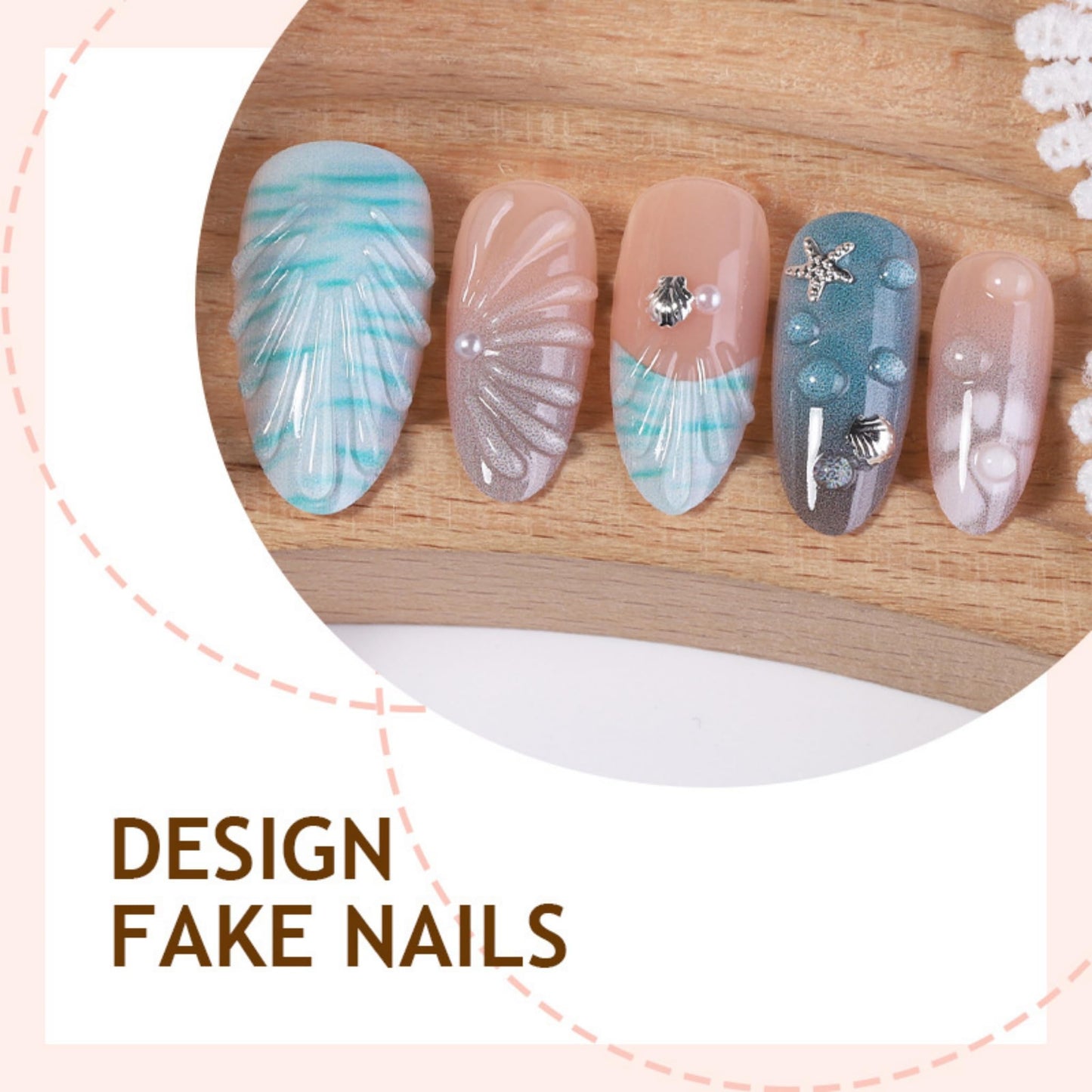 Medium Press on Nails Almond Fake Nails Blue Artificial Nail Ocean Shell French Tips Sea Wave Pearl Starfish Charms Glossy Summer Beach Salon Style Stick on Nail for Women 24pcs