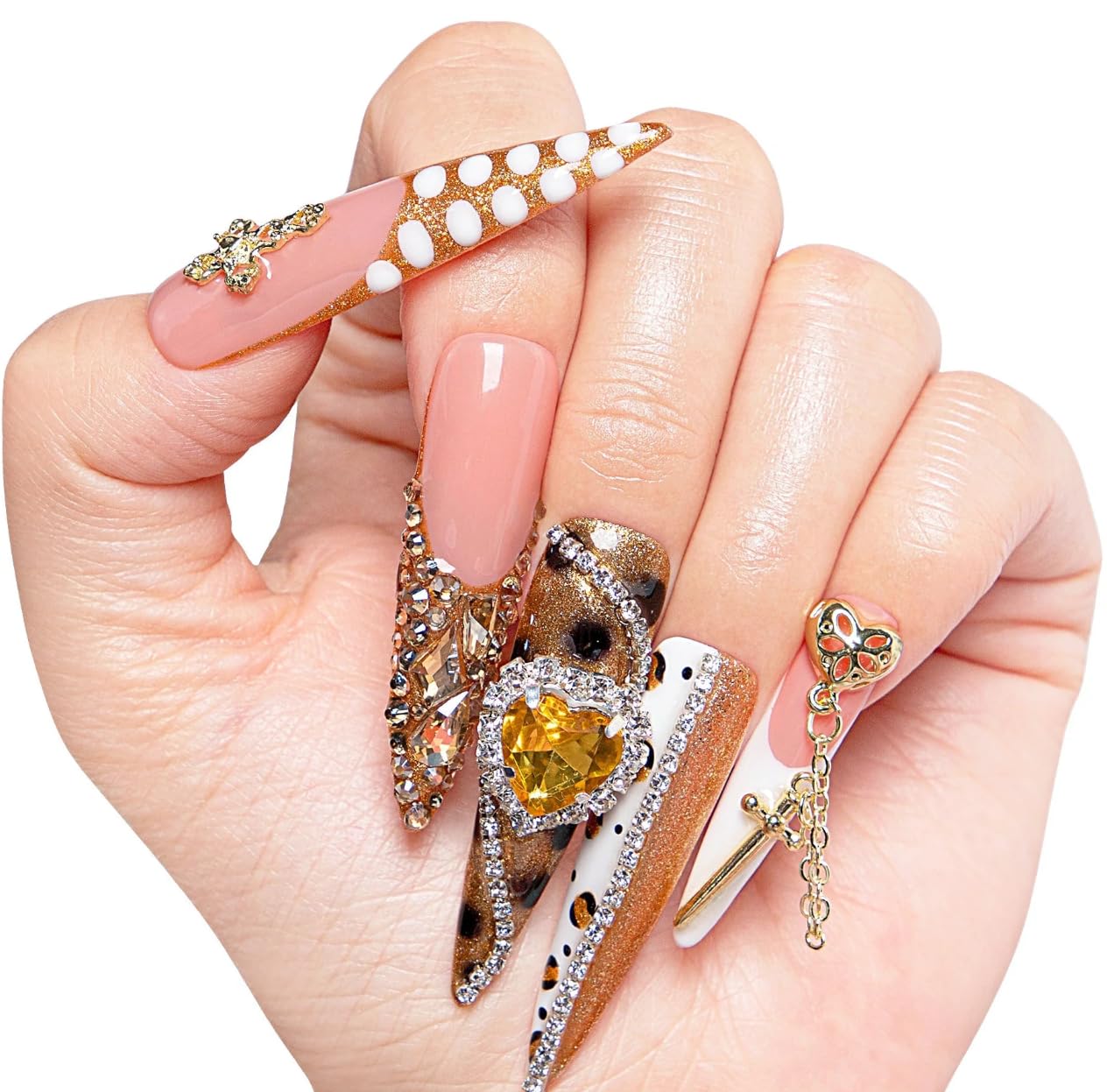 LOVFUL Reusable Press on Nails | Regal Glitz | Salon Quality Sustainable Style Handmade with Full Covered Crystals | Stiletto Mid Length 1.7 in | H259-M