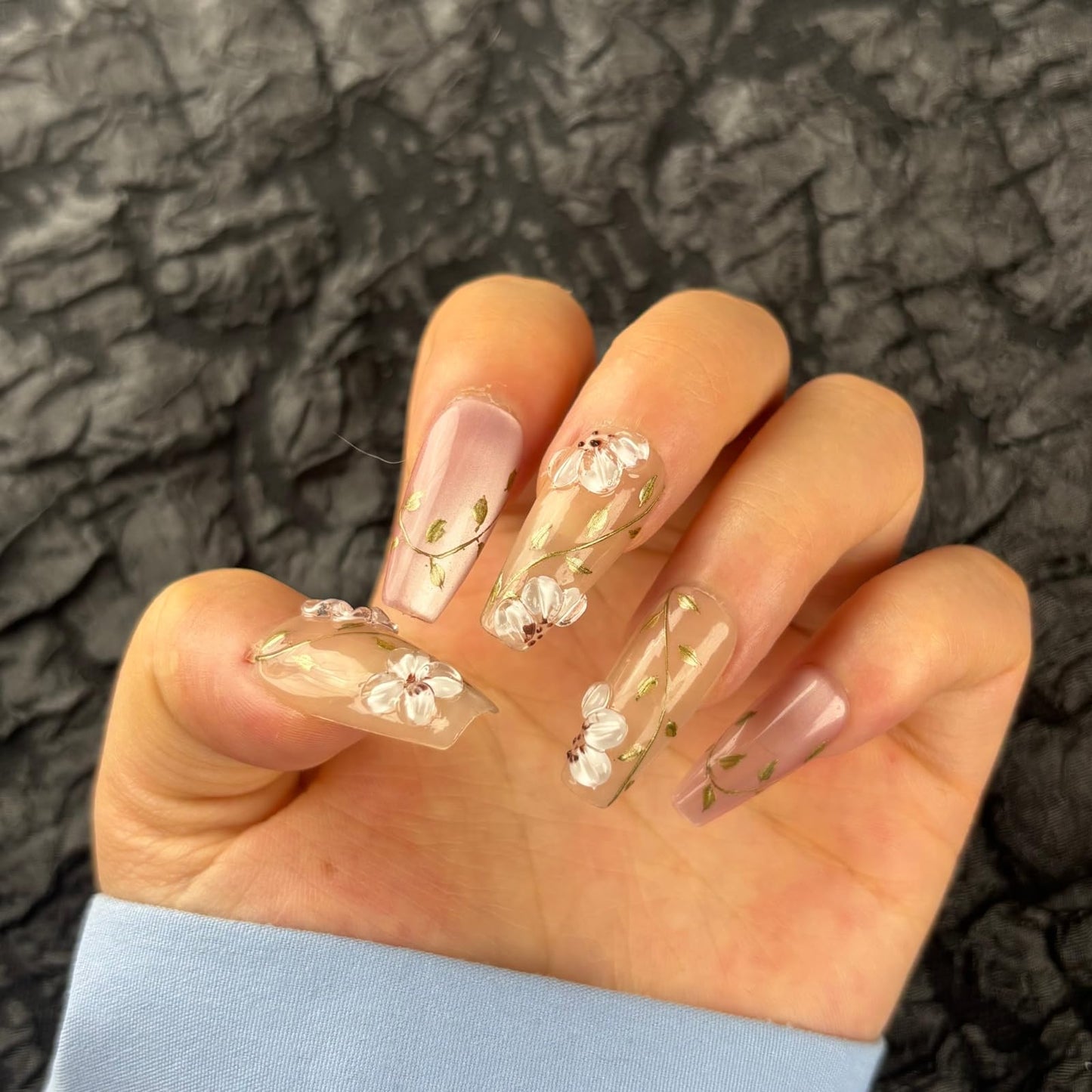 AKA Unicorn Trendy Handmade Press On Nails Medium Coffin Shape,10Pcs Hand Painted Acrylic Fake Nails with 3D Flower Charm Design Clip On Nail for Woman Gift-Design Concept:"Today's Flowers"