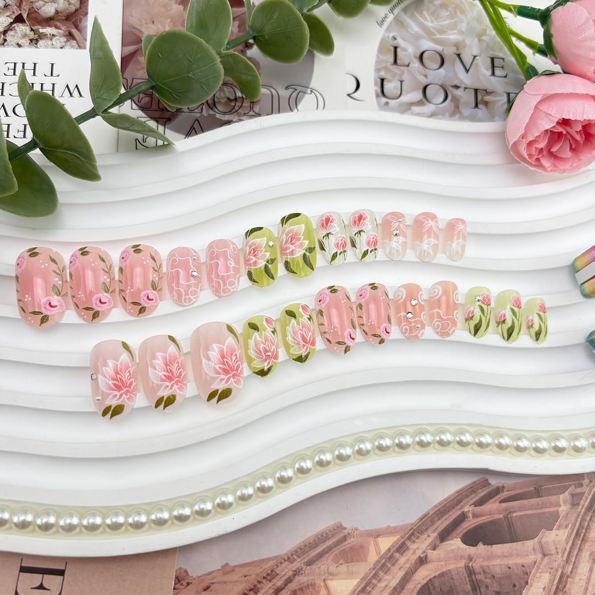 24Pcs Pink Flower Press on Nails Short Ellipse Spring Fake Nails with White Lines Butterfly Design Cute Acrylic Nails Green Leaf False Nails Rose Floral Glue on Nails for Women Spring Summer Manicure