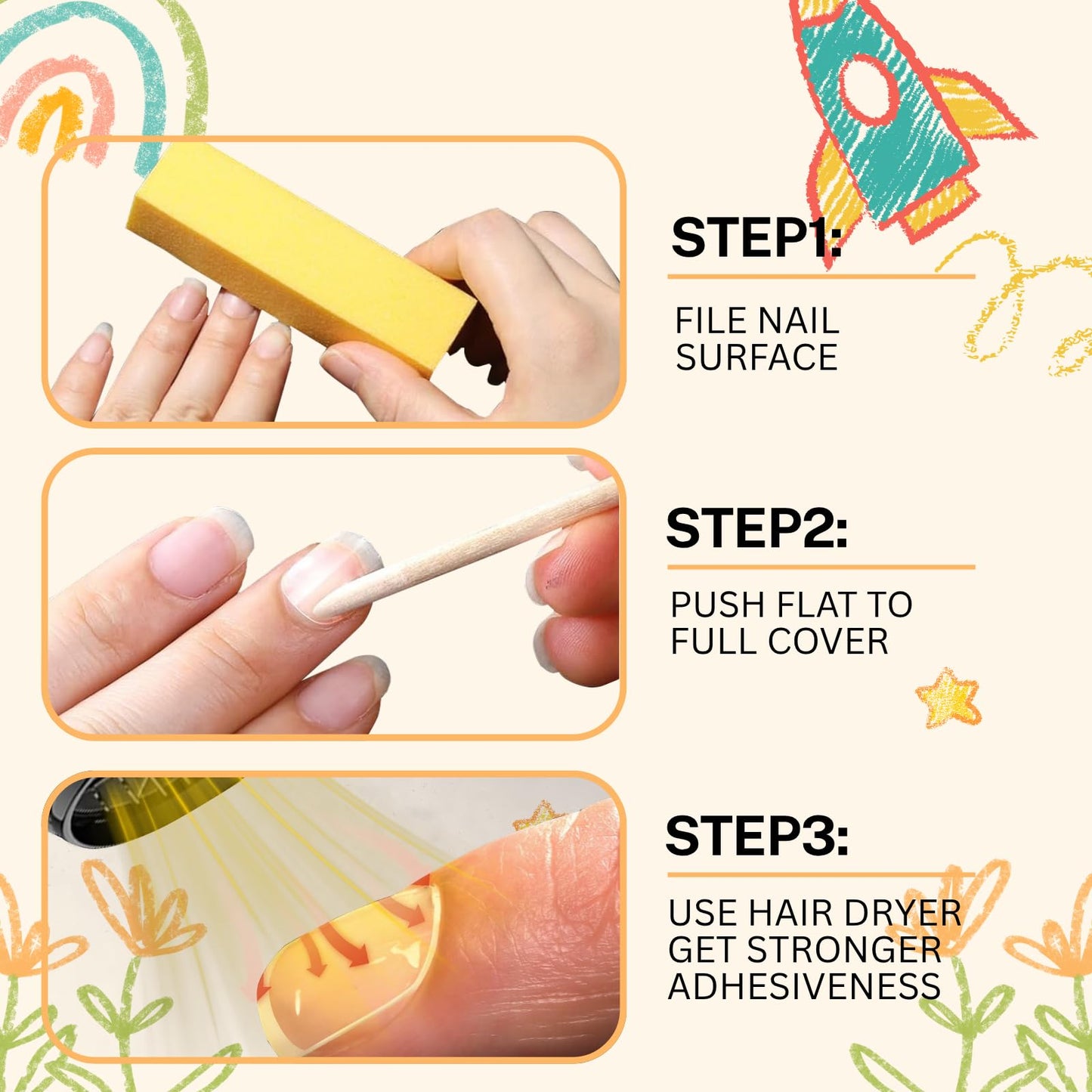 SnypeeLab XS 480PCS 12 Sizes Kids Nail Adhesive Tabs - 0.3mm Ultra Thin Gentle Formula Press On Nail Stickers for Children, Strong Hold for School & Sports