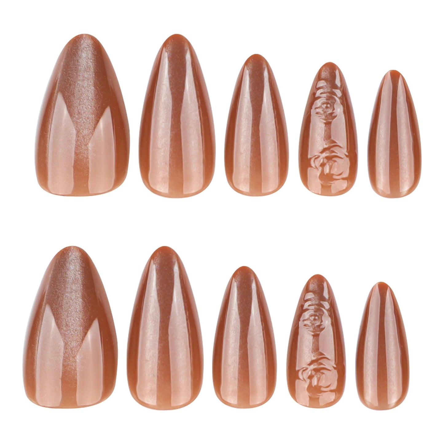 XZMeiLun Brown Cat Eye Press On Nails Medium Almond – 3D Flower Acrylic Fake Nails, Opaque Glitter & Chrome Gel Design, Reusable with Glue-On Stick for Fall, Long-Lasting Fall Nails for Women