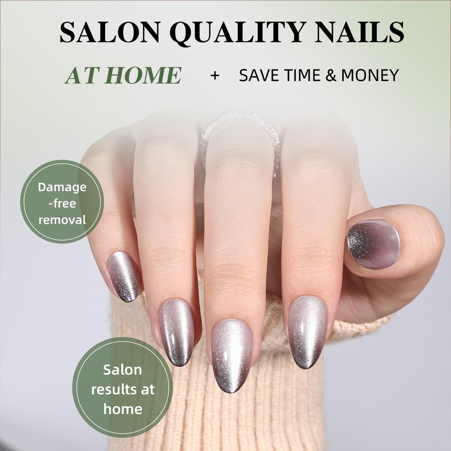 Black Cat Eye Press On Nails Almond - Ombre Black Short Almond Fake Nails, White Cateye Press On Nails Reusable Stick On Nails in 16 Sizes, 32pcs False Nail Kit for Women & Girls (Still Light)