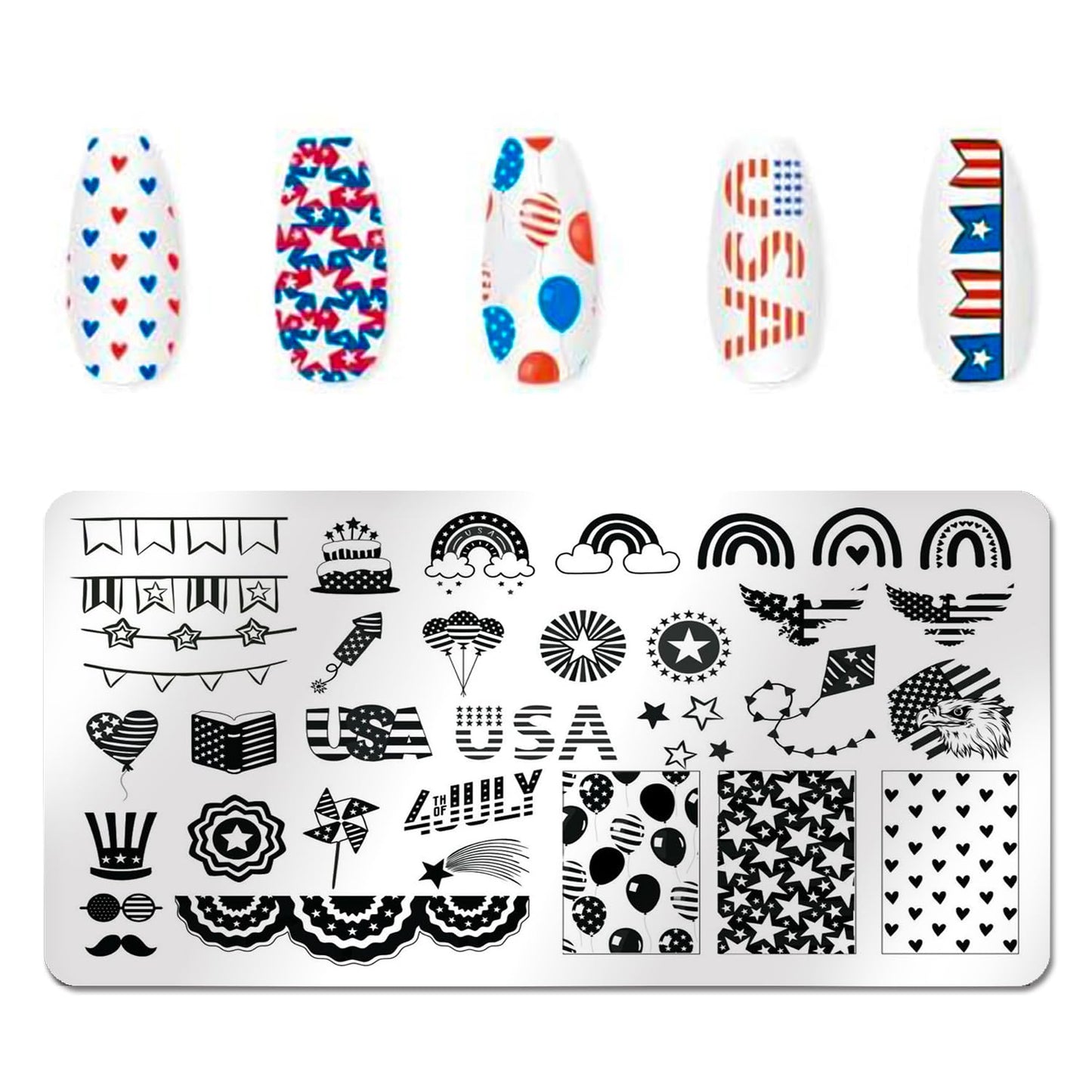 SILPECWEE 6 Pieces 4th of July Nail Stamping Plate Independence Day Nail Stamp Patriotic American Nail Design Stamp Stencils Nail Art Template Nail Art Stamping Kit Tools