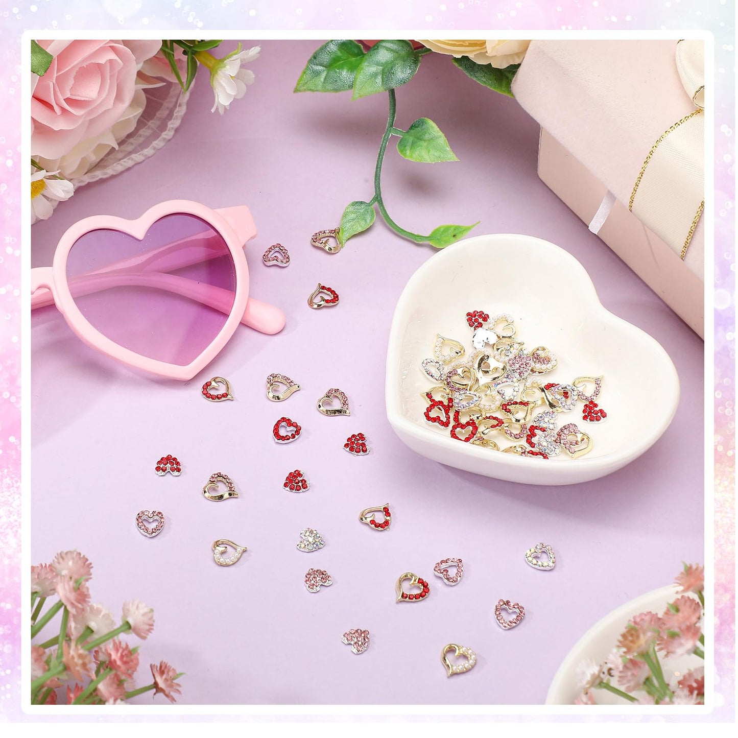 Dimsile 60 Pcs Valentine Heart Nail Charms for Nail Art Bulk 3D Bling Heart Rhinestone Decals Alloy Crystal Charms Diamonds Decor Love Gem Decals for Women Valentine's Day DIY Jewelry Accessories
